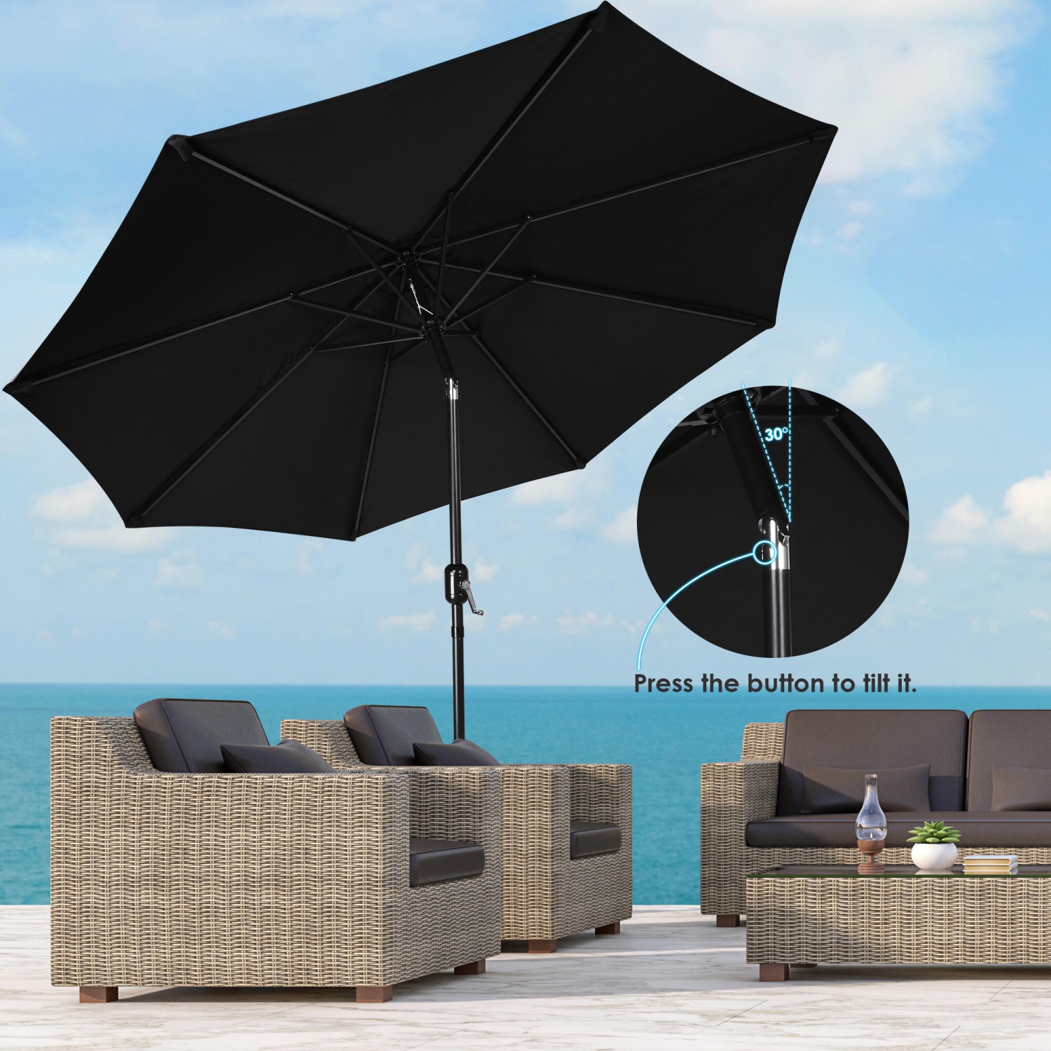 Parasol de patio de 9ft pi inclinable à 30° et centré parasol parasol parasol parasol parasol parasol parasol parasol parasol de table avec 8 tiges -