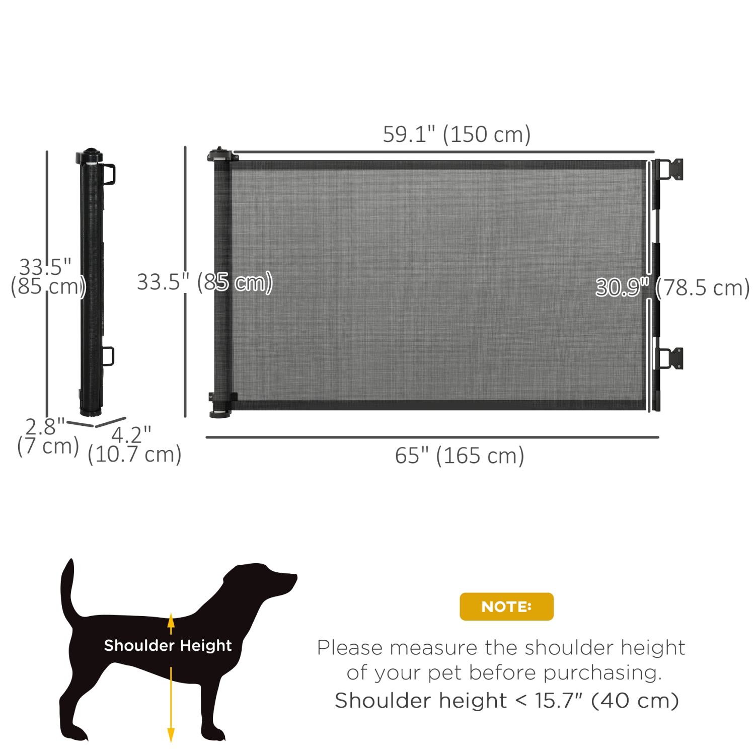 PawHut Retractable Pet Gate, 33.5" Tall, Extends to 59.1" Wide, Foldable Mesh Dog Gate for house, w/ Single Hand Operation, for Stairs, Doorways,