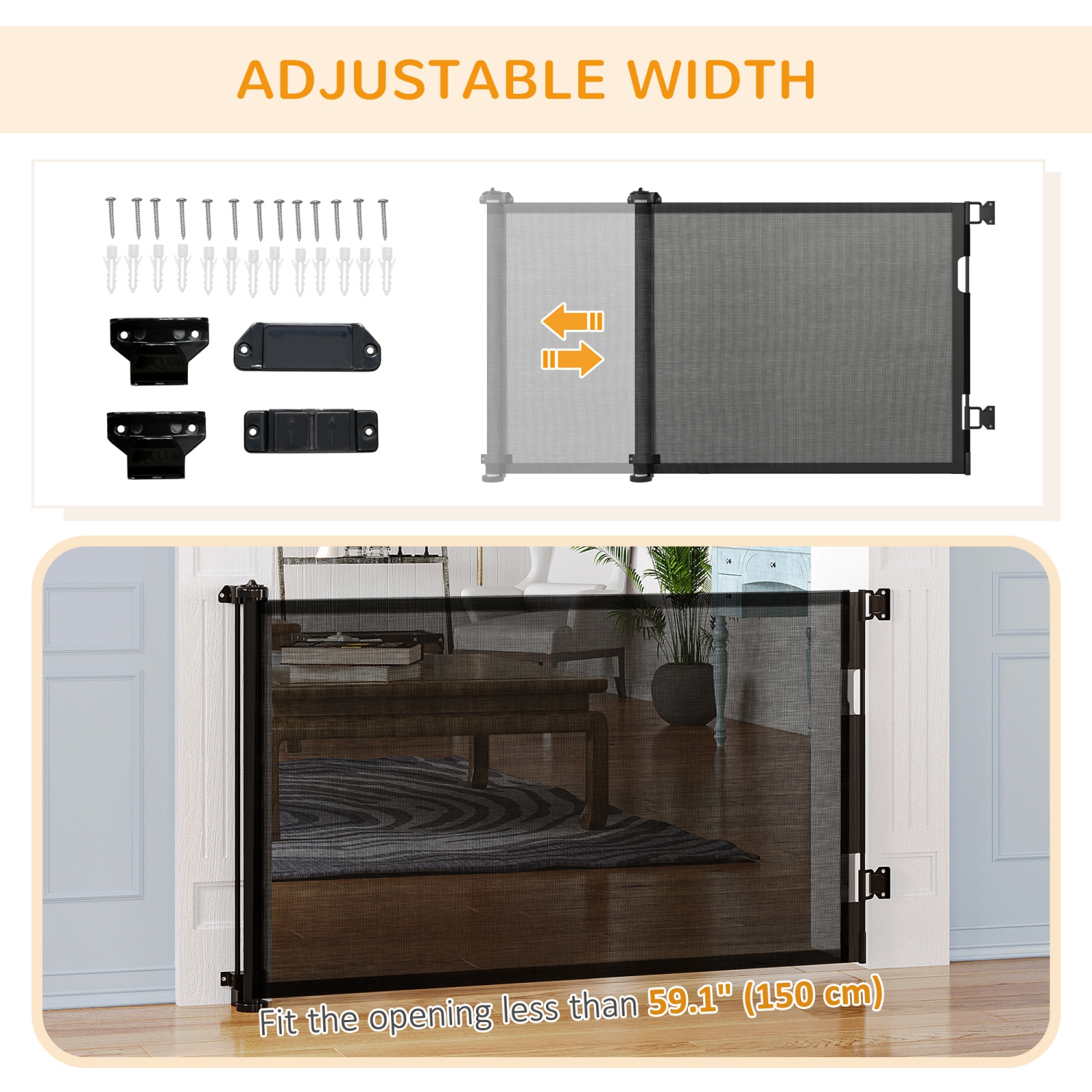 PawHut Retractable Pet Gate, 33.5" Tall, Extends to 59.1" Wide, Foldable Mesh Dog Gate for house, w/ Single Hand Operation, for Stairs, Doorways,