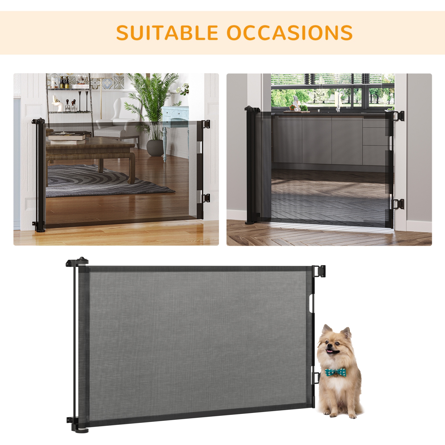 PawHut Retractable Pet Gate, 33.5" Tall, Extends to 59.1" Wide, Foldable Mesh Dog Gate for house, w/ Single Hand Operation, for Stairs, Doorways,
