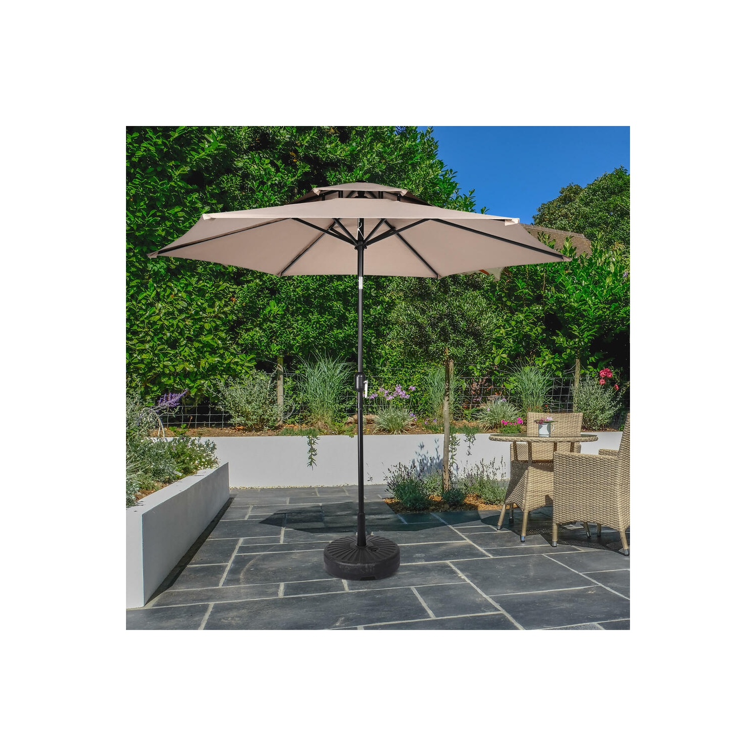 Parasol de patio extérieur à double dessus 9&nbsp;pi, parasols centrés sur la table de marché avec poignée à manivelle, ,6 tiges robustes et