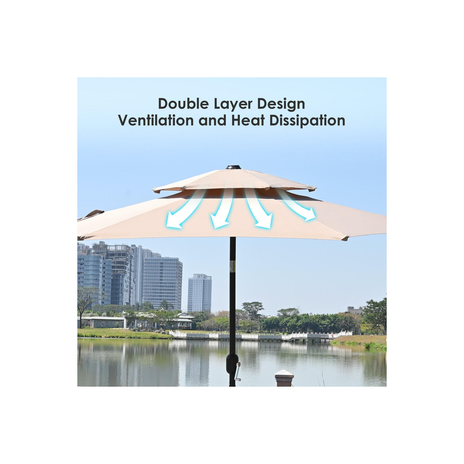 Parasol de patio extérieur à double dessus 9&nbsp;pi, parasols centrés sur la table de marché avec poignée à manivelle, ,6 tiges robustes et