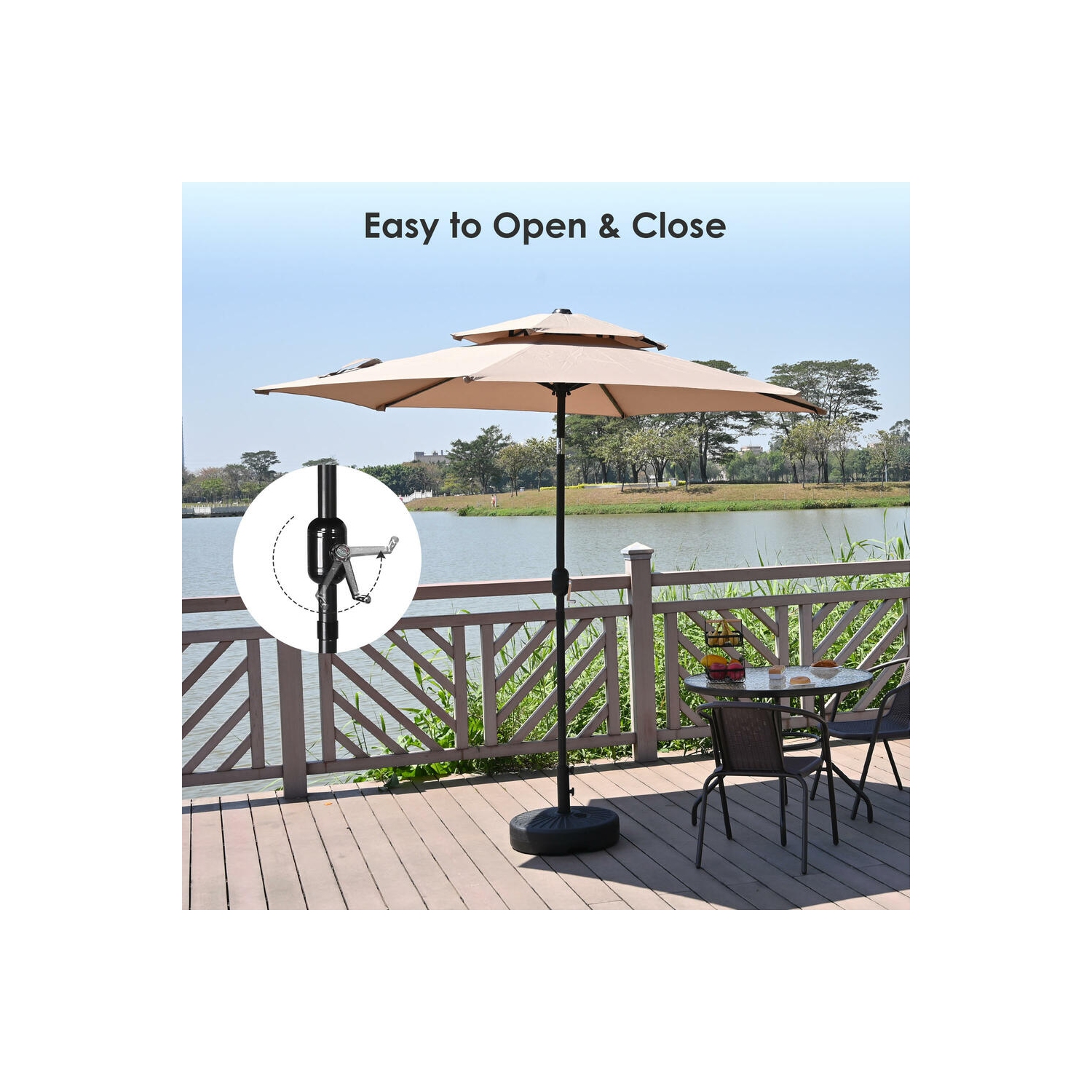 Parasol de patio extérieur à double dessus 9&nbsp;pi, parasols centrés sur la table de marché avec poignée à manivelle, ,6 tiges robustes et