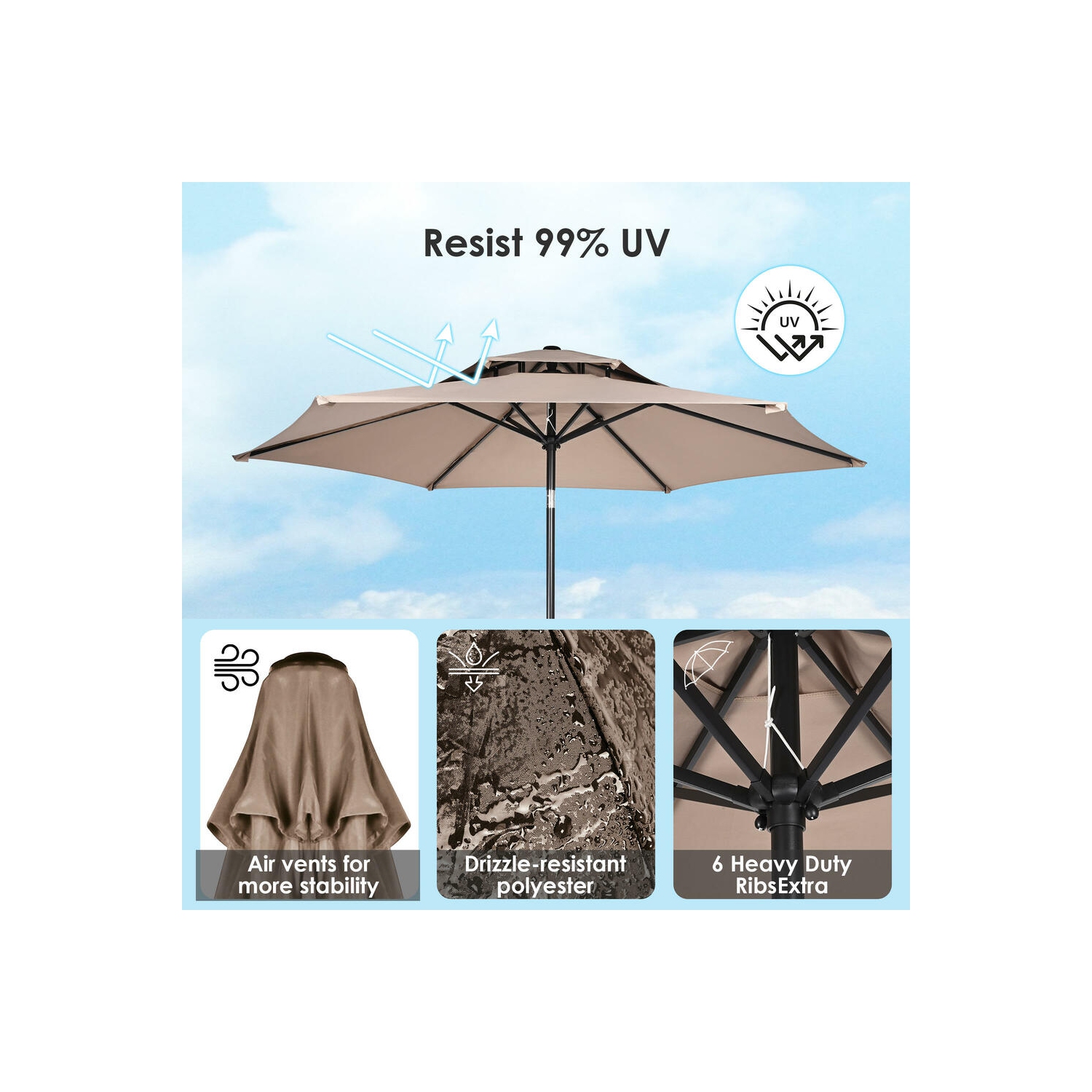 Parasol de patio extérieur à double dessus 9&nbsp;pi, parasols centrés sur la table de marché avec poignée à manivelle, ,6 tiges robustes et