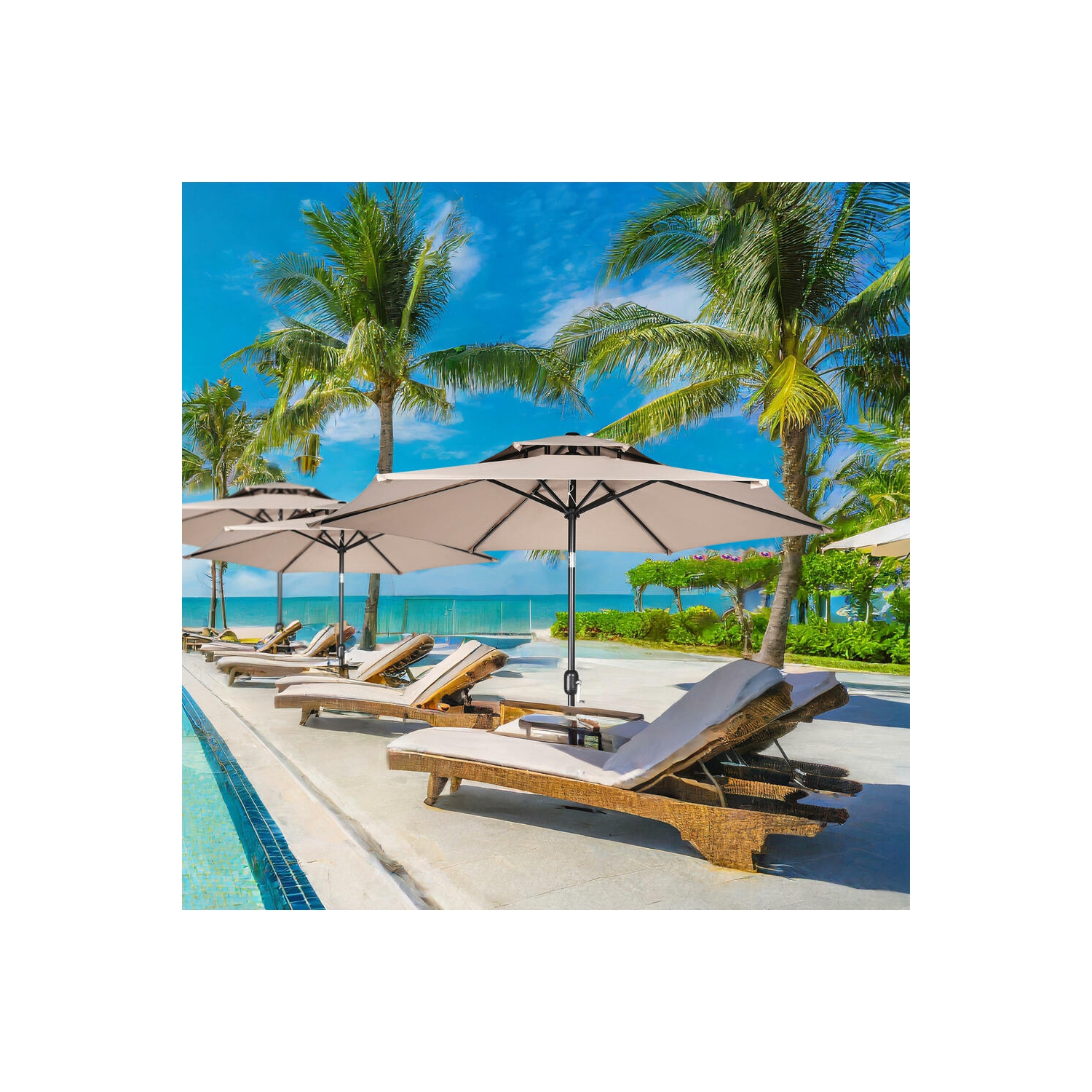 Parasol de patio extérieur à double dessus 9&nbsp;pi, parasols centrés sur la table de marché avec poignée à manivelle, ,6 tiges robustes et