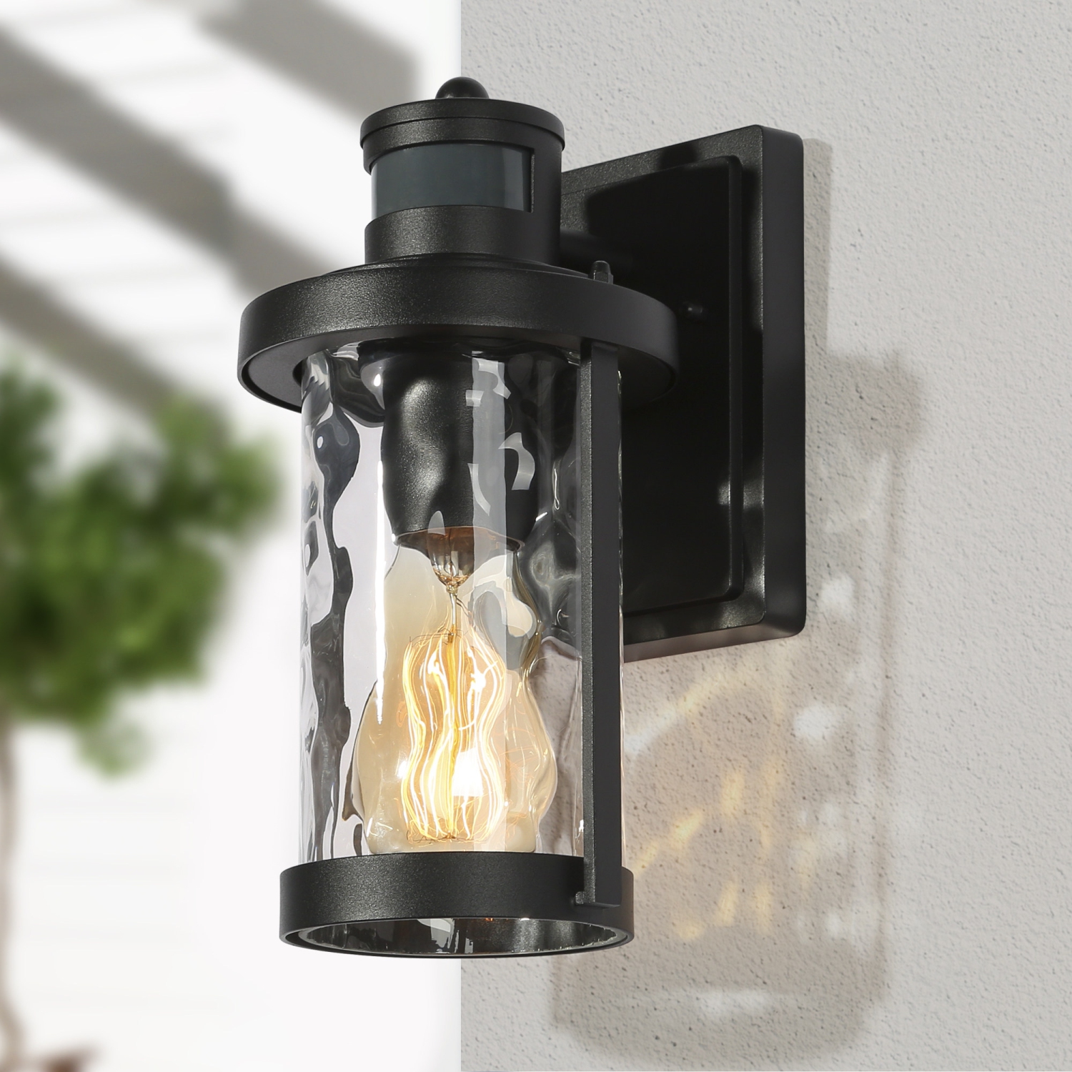 Modern Black Outdoor Wall Light, 1-Light Motion Sensor Wall Lantern Sconce with Water Rippled Glass Shade
