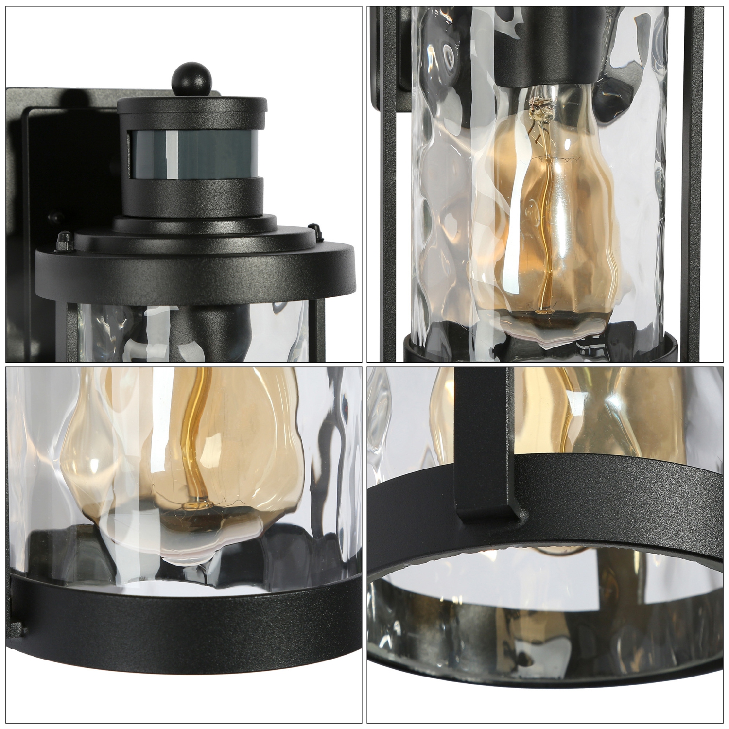 Modern Black Outdoor Wall Light, 1-Light Motion Sensor Wall Lantern Sconce with Water Rippled Glass Shade