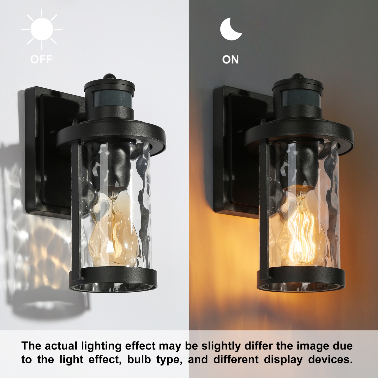 Modern Black Outdoor Wall Light, 1-Light Motion Sensor Wall Lantern Sconce with Water Rippled Glass Shade