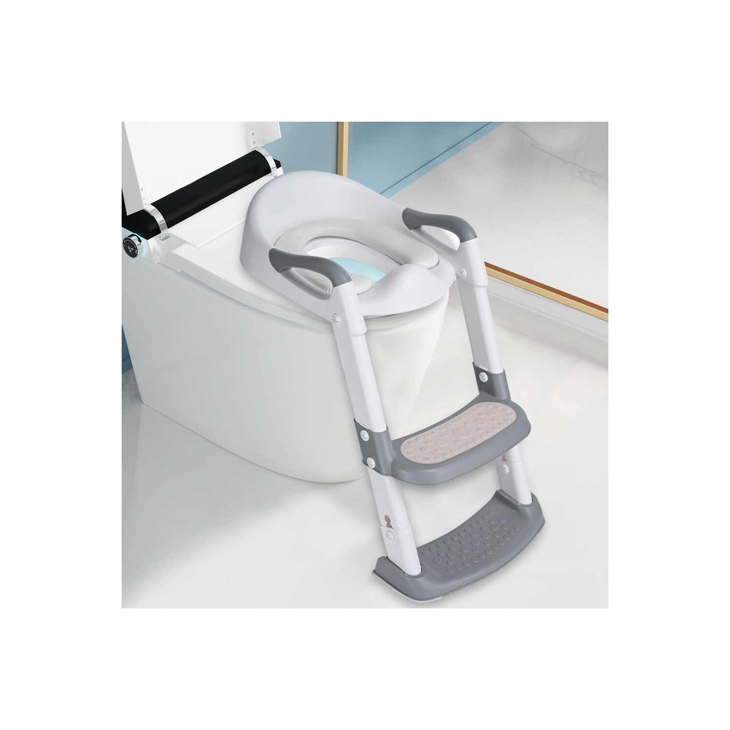 Foldable Potty Training Seat with Anti-Slip Step Stool Ladder and Soft Padded Cushion,5 Height Adjustable Kids Toilet Seat