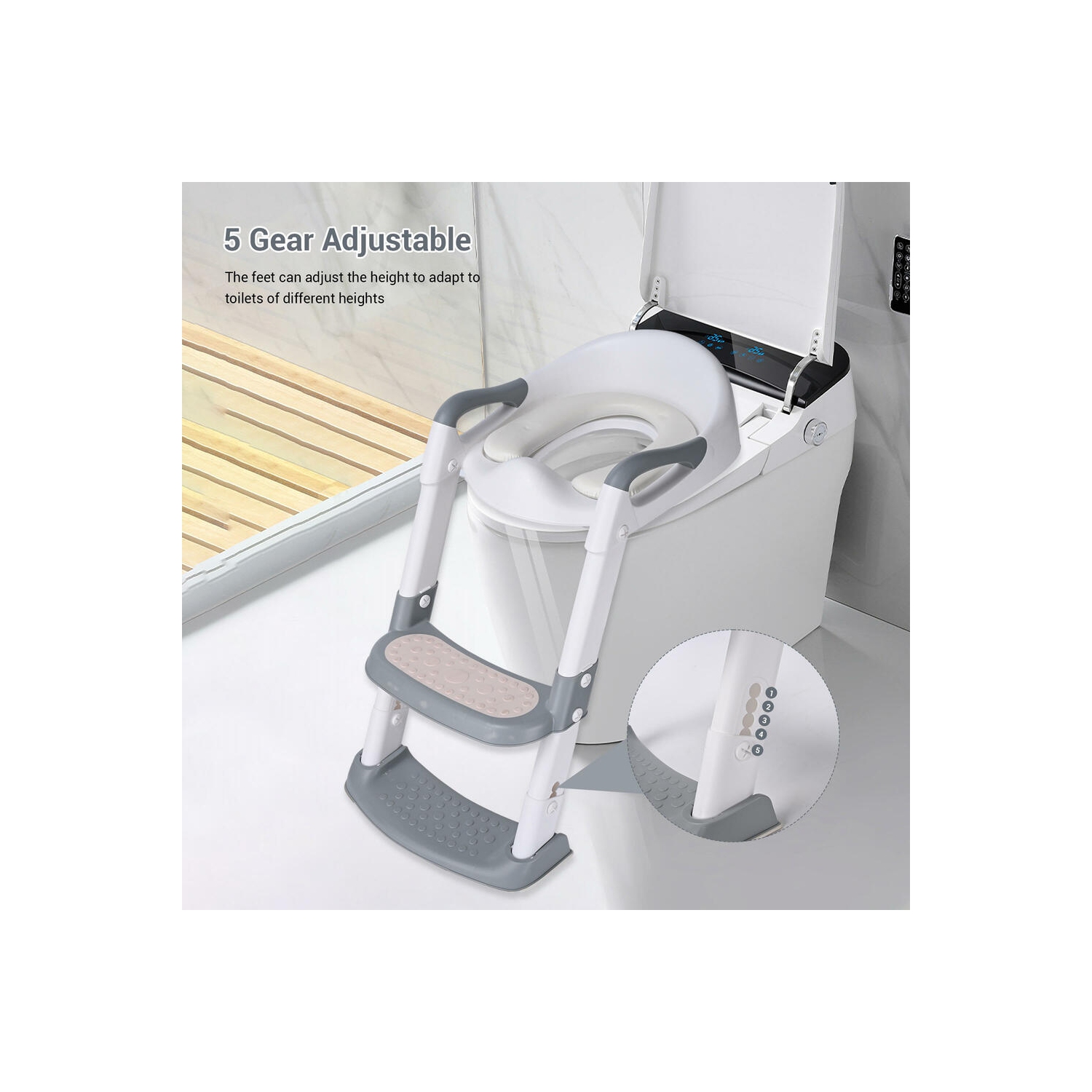 Foldable Potty Training Seat with Anti-Slip Step Stool Ladder and Soft Padded Cushion,5 Height Adjustable Kids Toilet Seat