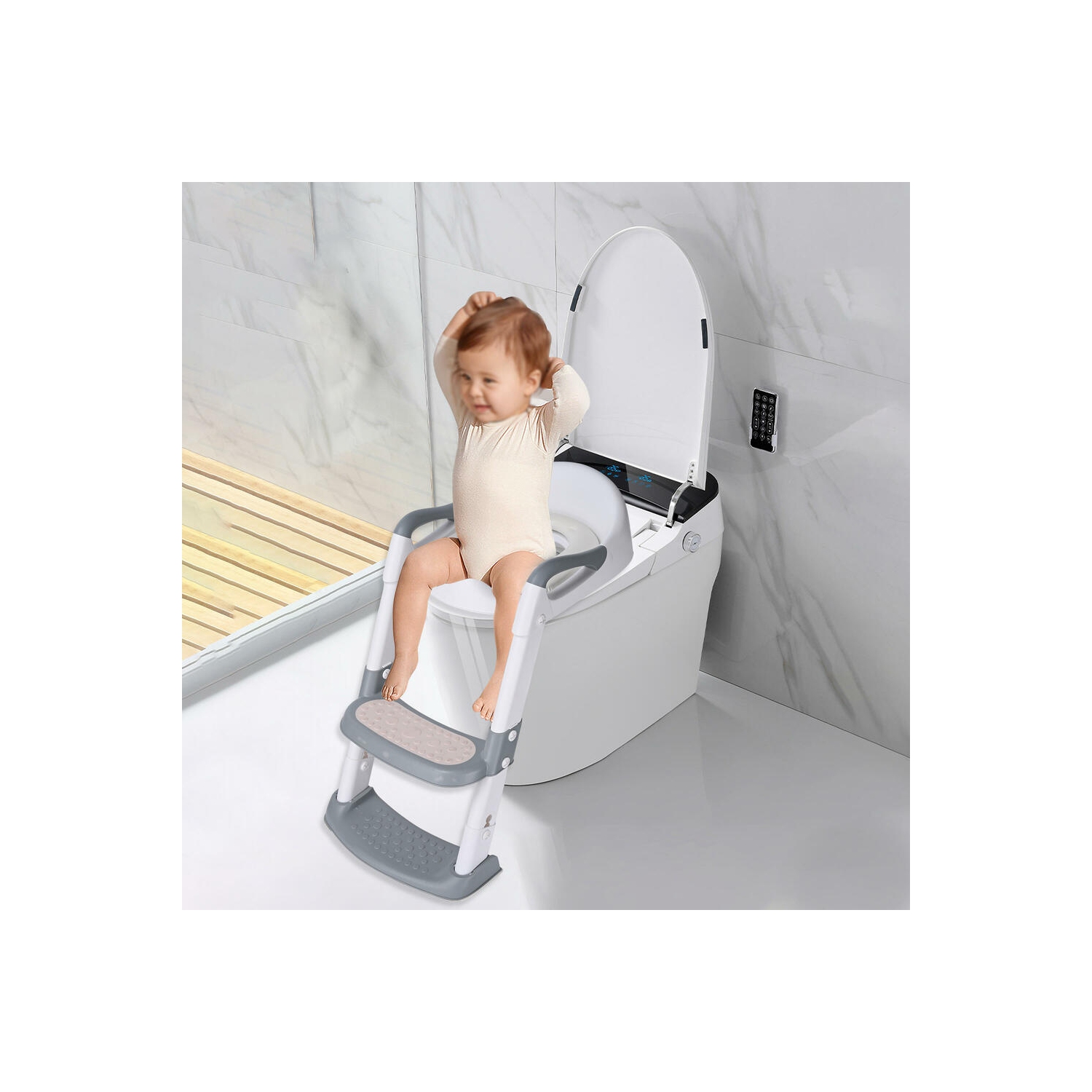 Foldable Potty Training Seat with Anti-Slip Step Stool Ladder and Soft Padded Cushion,5 Height Adjustable Kids Toilet Seat