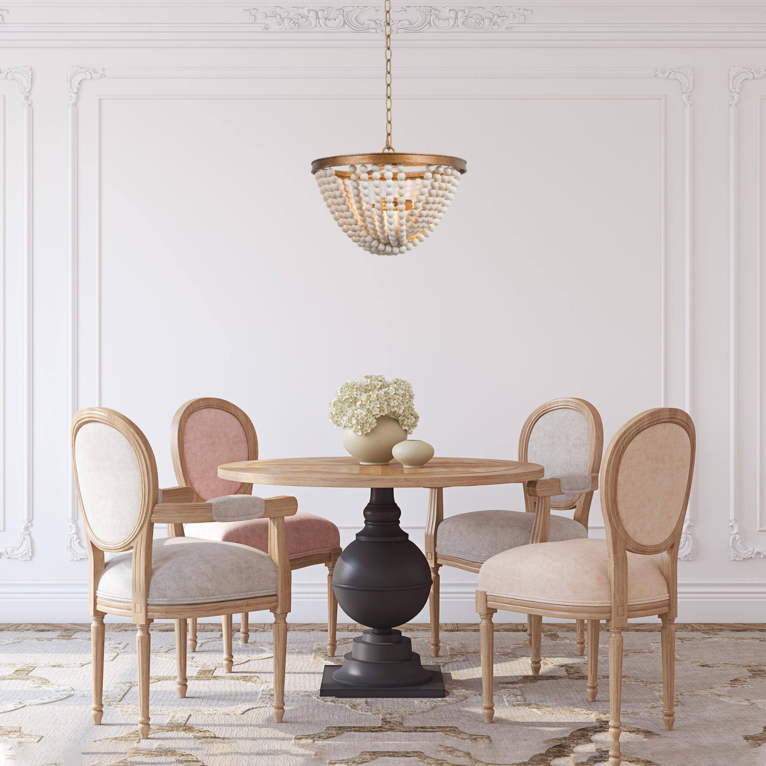 Modern Farmhouse Chandelier Light, Boho 3-Light Antique Gold Island Chandelier Light with White Wood Beads