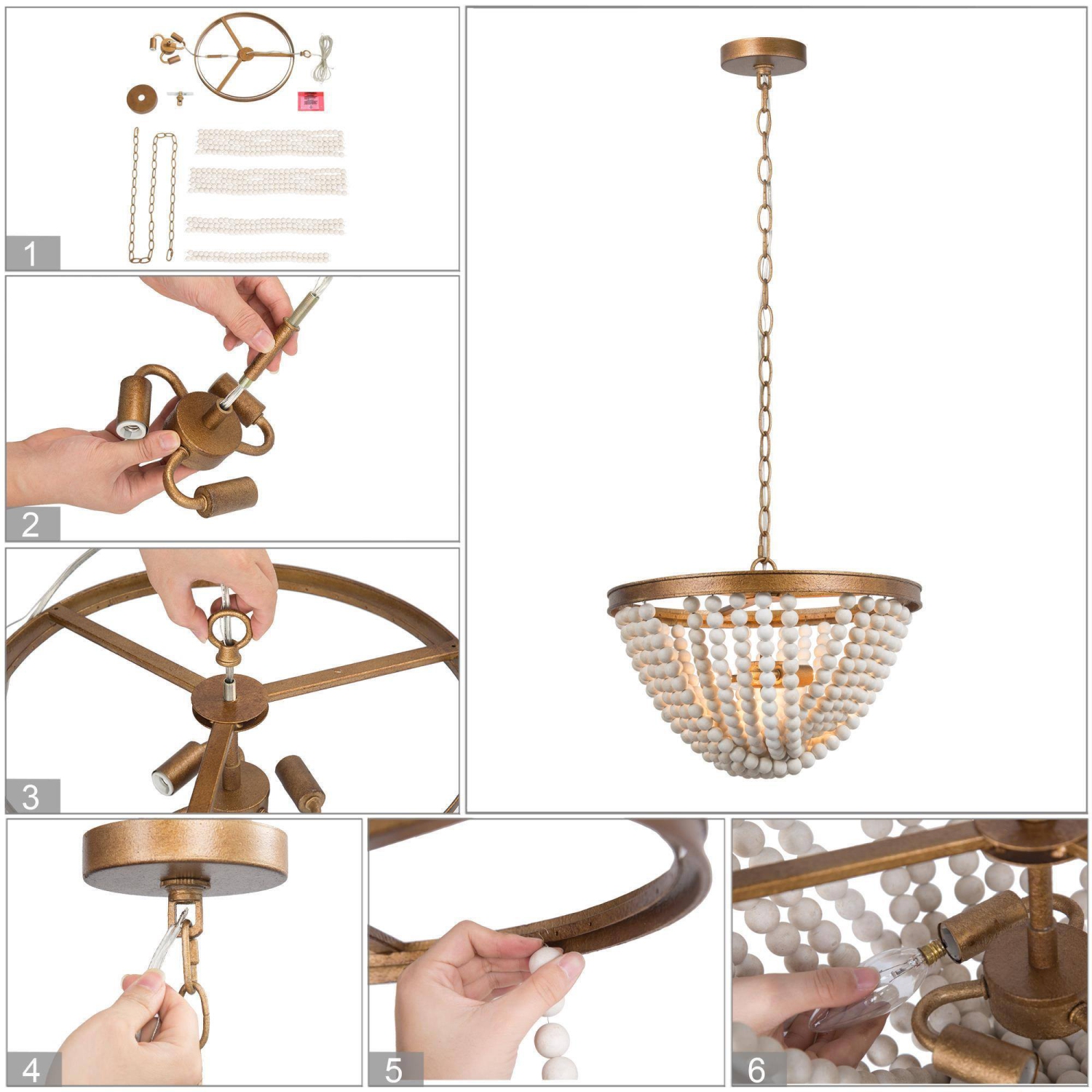 Modern Farmhouse Chandelier Light, Boho 3-Light Antique Gold Island Chandelier Light with White Wood Beads