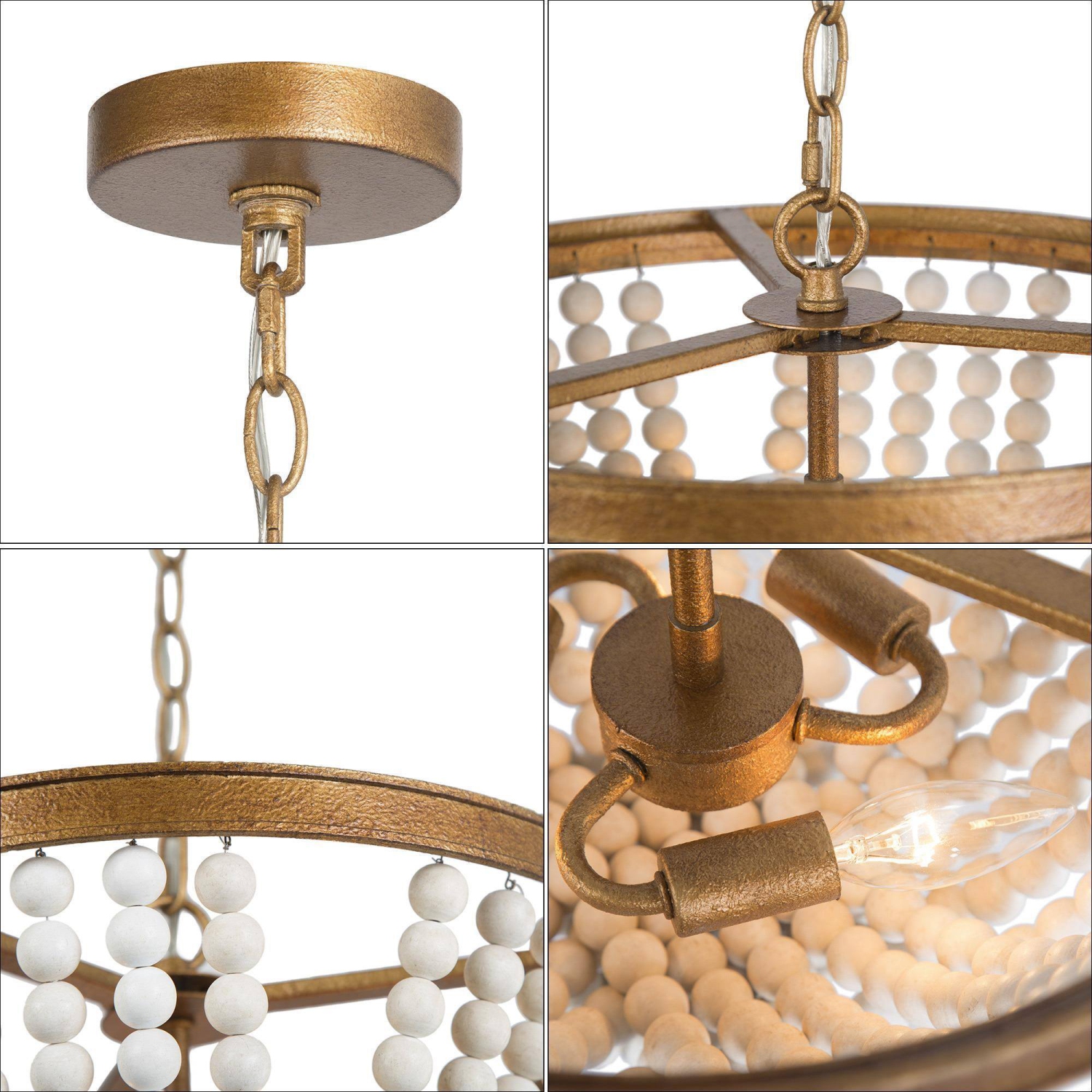 Modern Farmhouse Chandelier Light, Boho 3-Light Antique Gold Island Chandelier Light with White Wood Beads