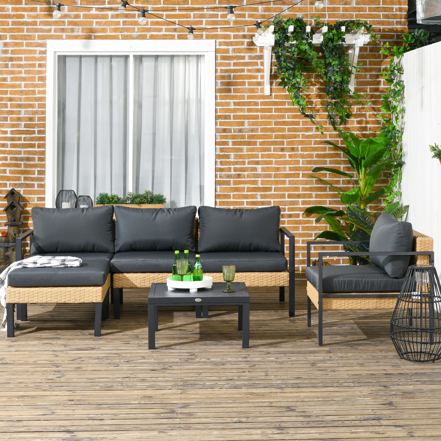 Outsunny 6 PCs PE Rattan Patio Furniture with Sofa, Armchairs, Stool, Metal Coffee Table, Outdoor Wicker Conversation Sofa Set with Cushions, for