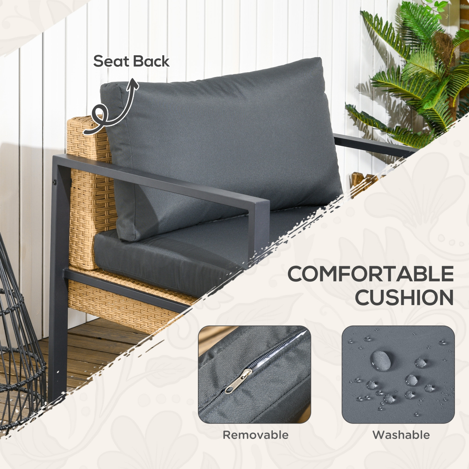 Outsunny 6 PCs PE Rattan Patio Furniture with Sofa, Armchairs, Stool, Metal Coffee Table, Outdoor Wicker Conversation Sofa Set with Cushions, for