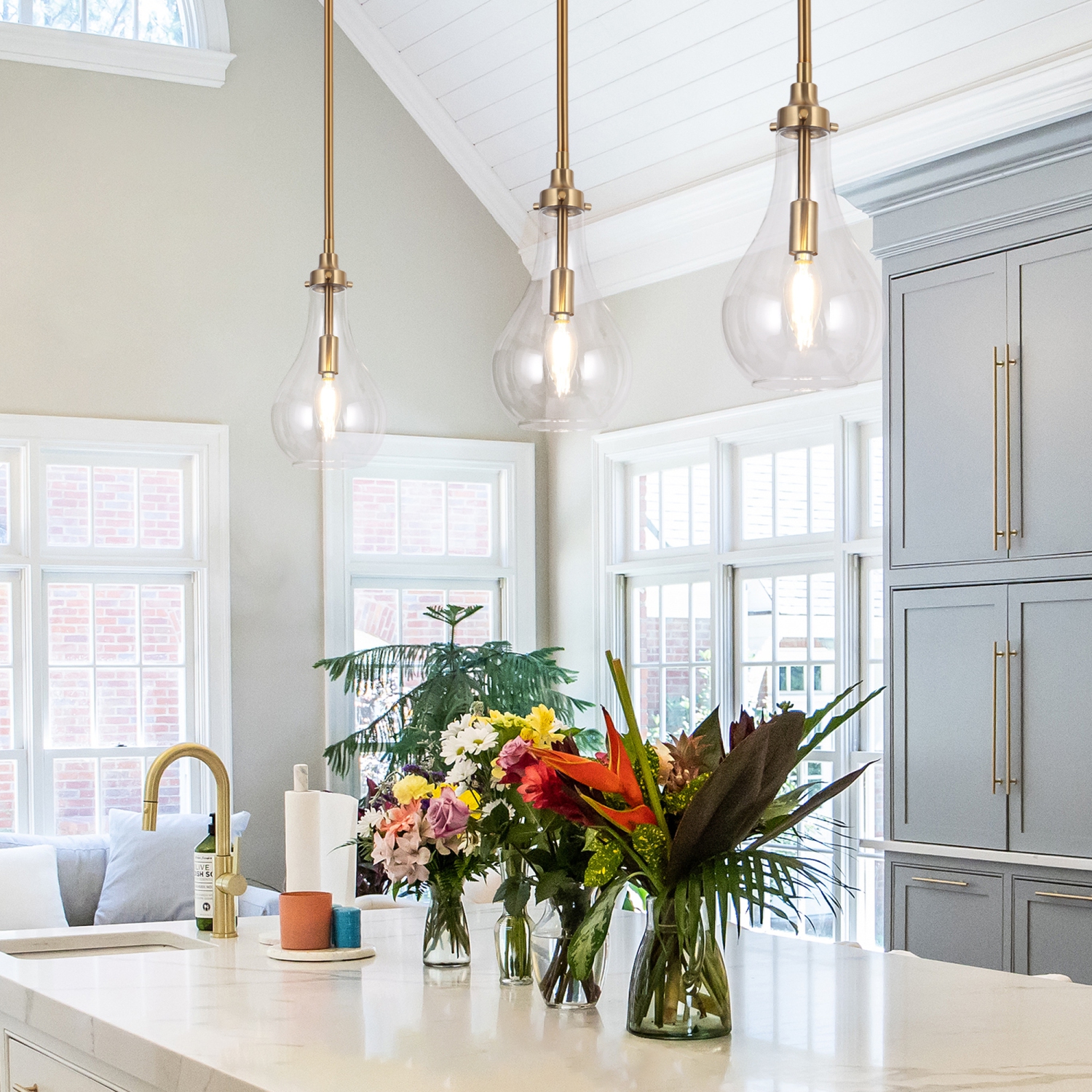 Lampe suspendue en laiton plaqué 1 lumières, îlot de cuisine moderne, lampe suspendue, abat-jour en verre en forme de goutte transparent