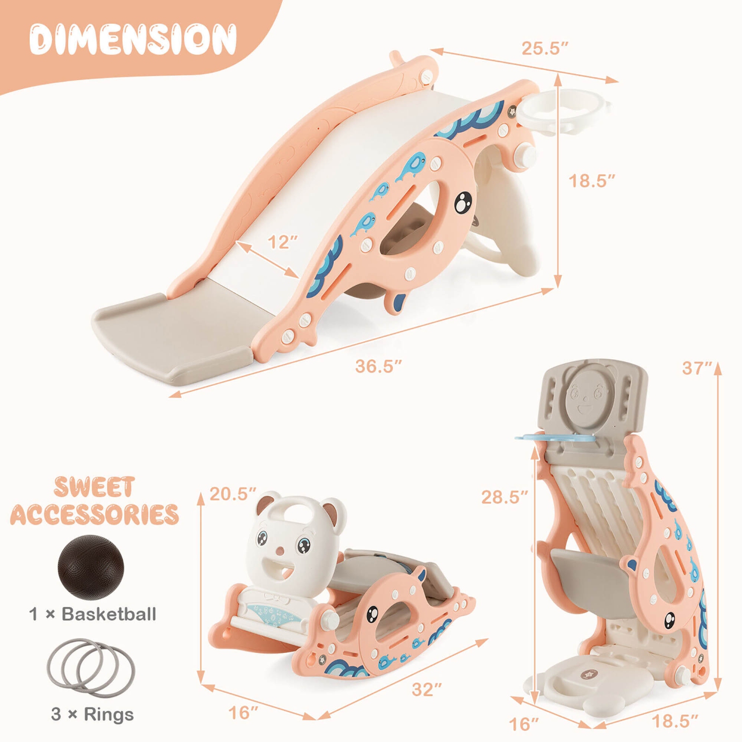 Gymax 4-in-1 Kids Slide Rocking Toy Slide Rocking Horse w/Basketball Hoop Rings