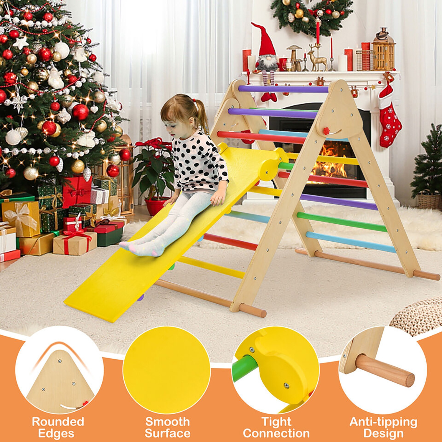 Gymax 3-In-1 Wooden Folding Climber Set w/Reversible Ramp Height Adjustable Slide
