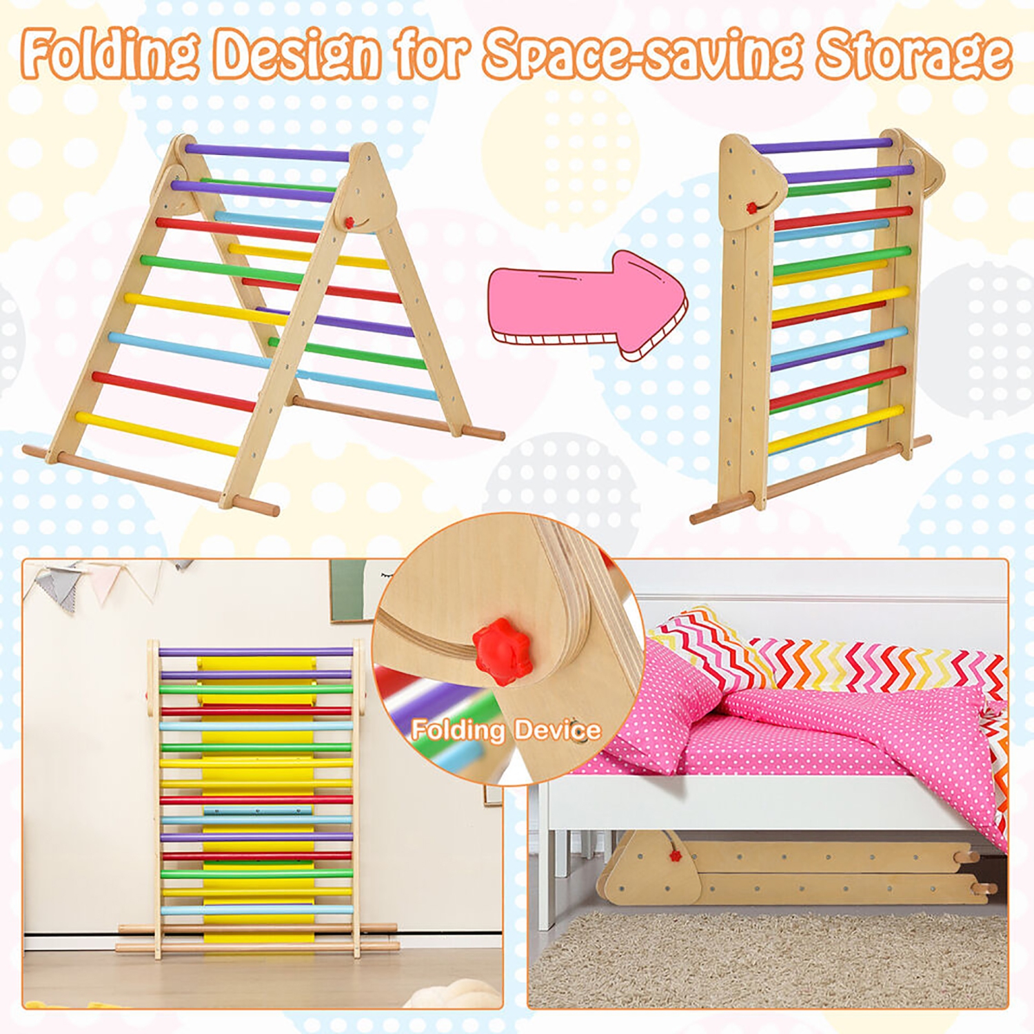 Gymax 3-In-1 Wooden Folding Climber Set w/Reversible Ramp Height Adjustable Slide