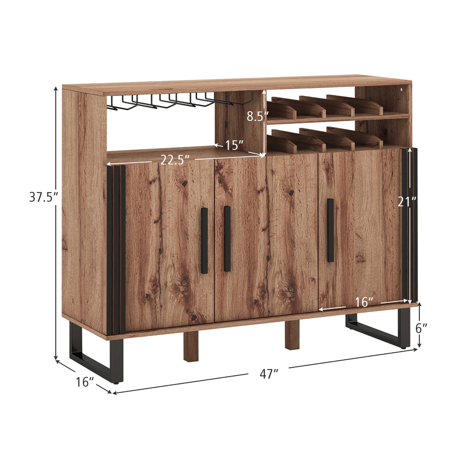 Gymax Home Wine Bar Cabinet w/ 3 Doors & Adjustable Shelves 2-tier Wine Rack Sideboard