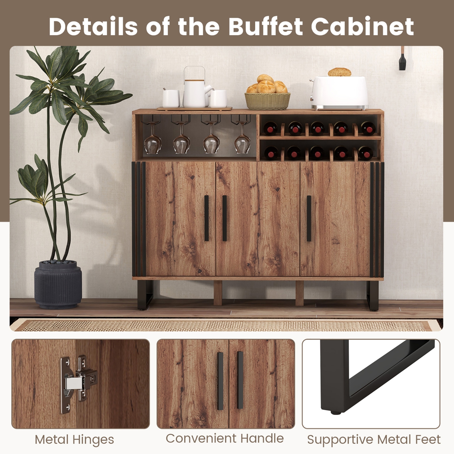 Gymax Home Wine Bar Cabinet w/ 3 Doors & Adjustable Shelves 2-tier Wine Rack Sideboard