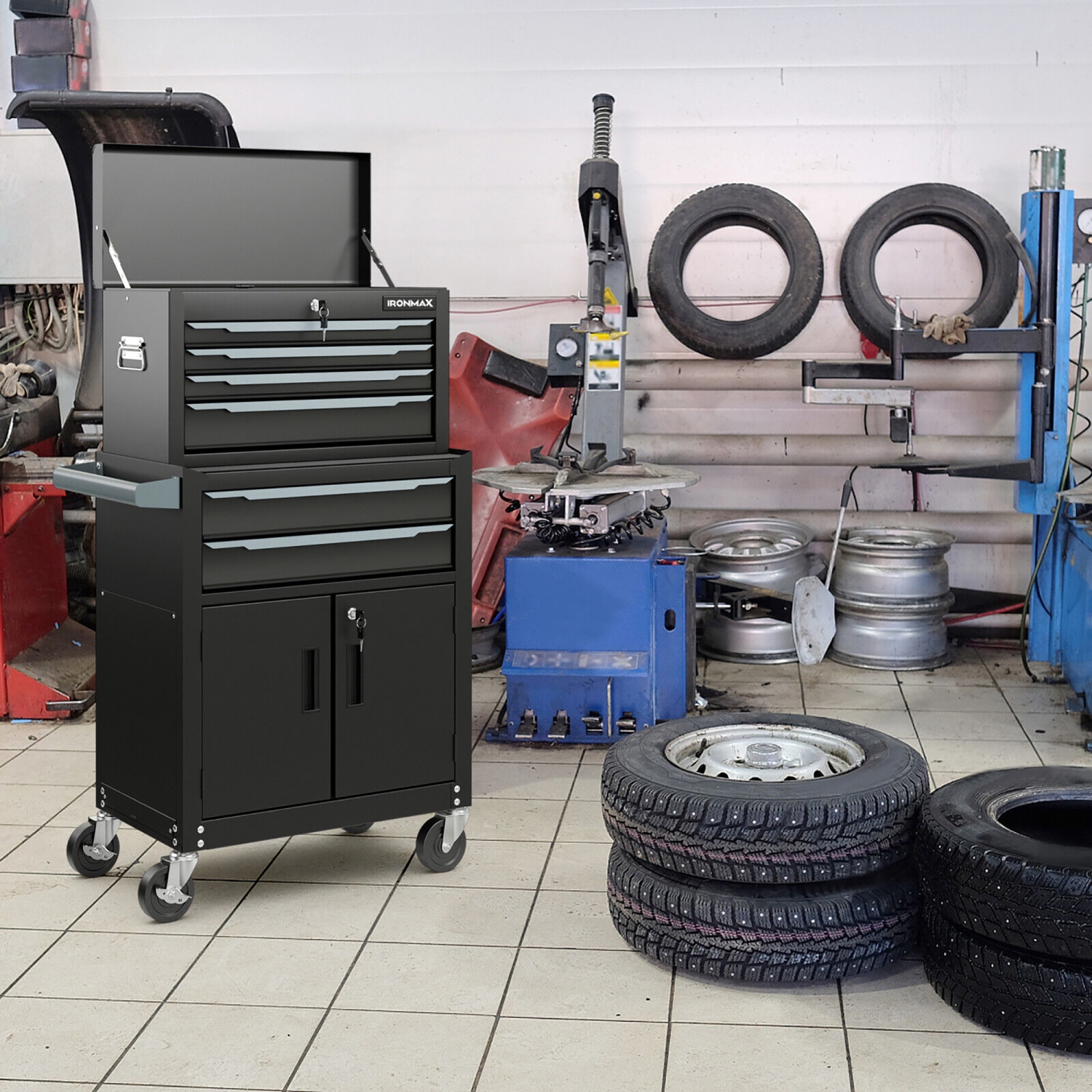 Gymax 2 in 1 Rolling Cabinet Storage Organizer Chest Box Garage 6 Drawer Toolbox Black