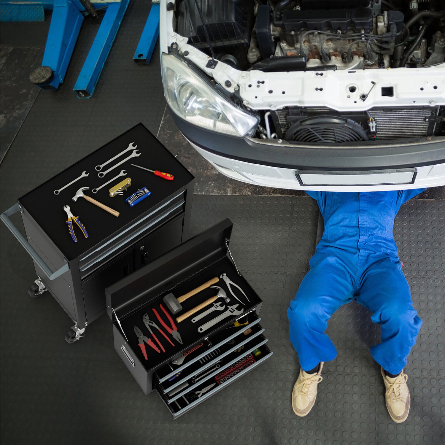 Gymax 2 in 1 Rolling Cabinet Storage Organizer Chest Box Garage 6 Drawer Toolbox Black