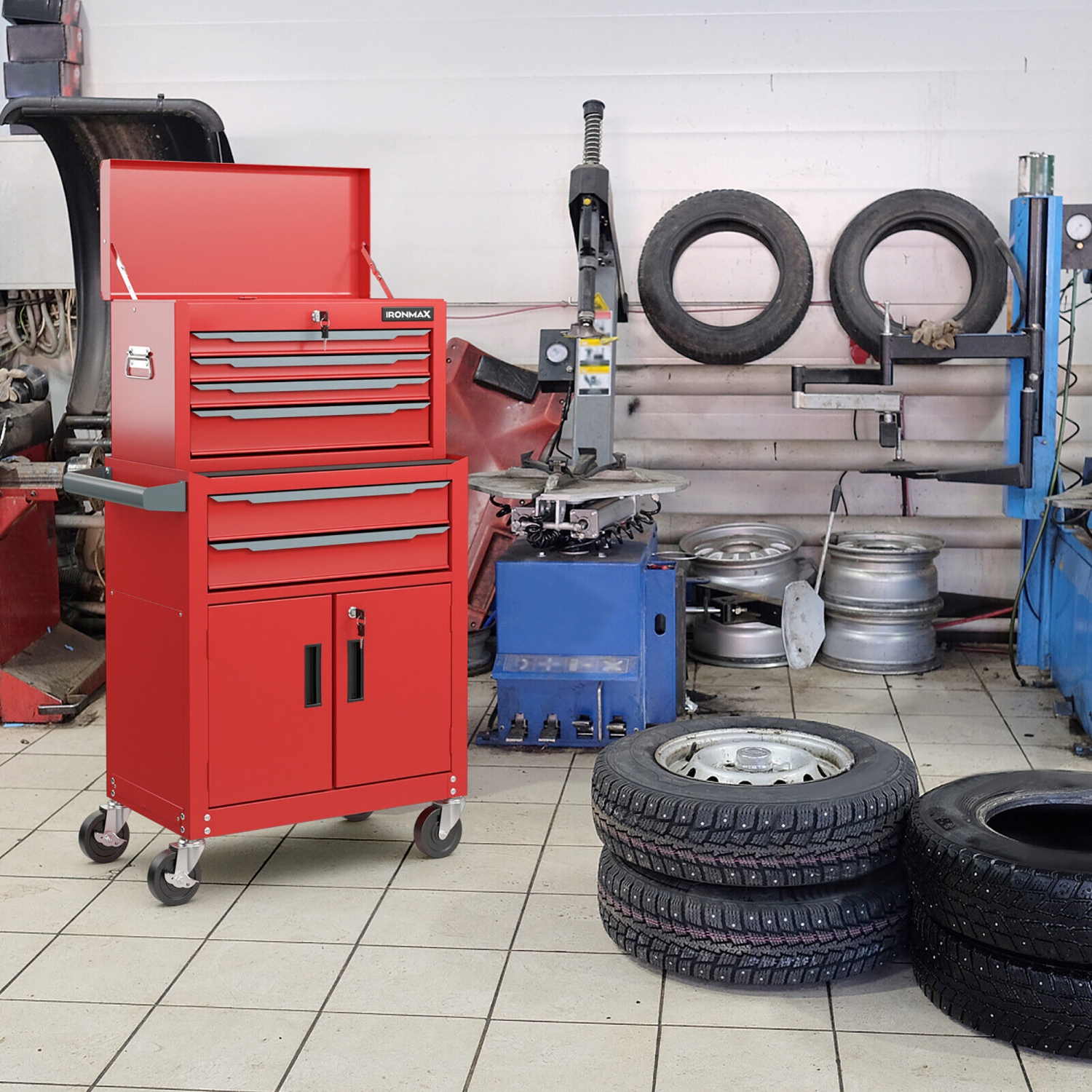 Gymax 2 in 1 Rolling Cabinet Storage Organizer Chest Box Garage 6 Drawer Toolbox Red