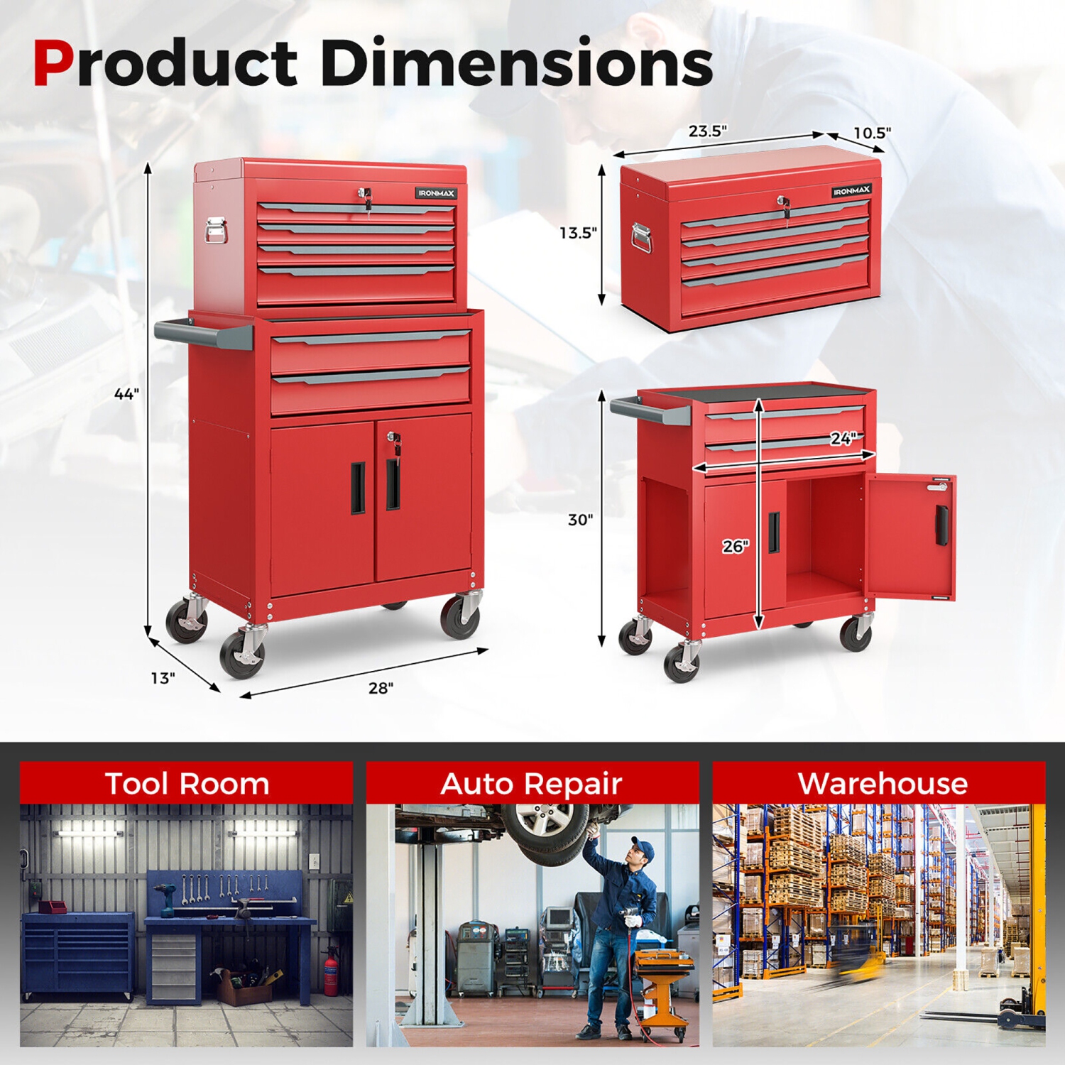 Gymax 2 in 1 Rolling Cabinet Storage Organizer Chest Box Garage 6 Drawer Toolbox Red