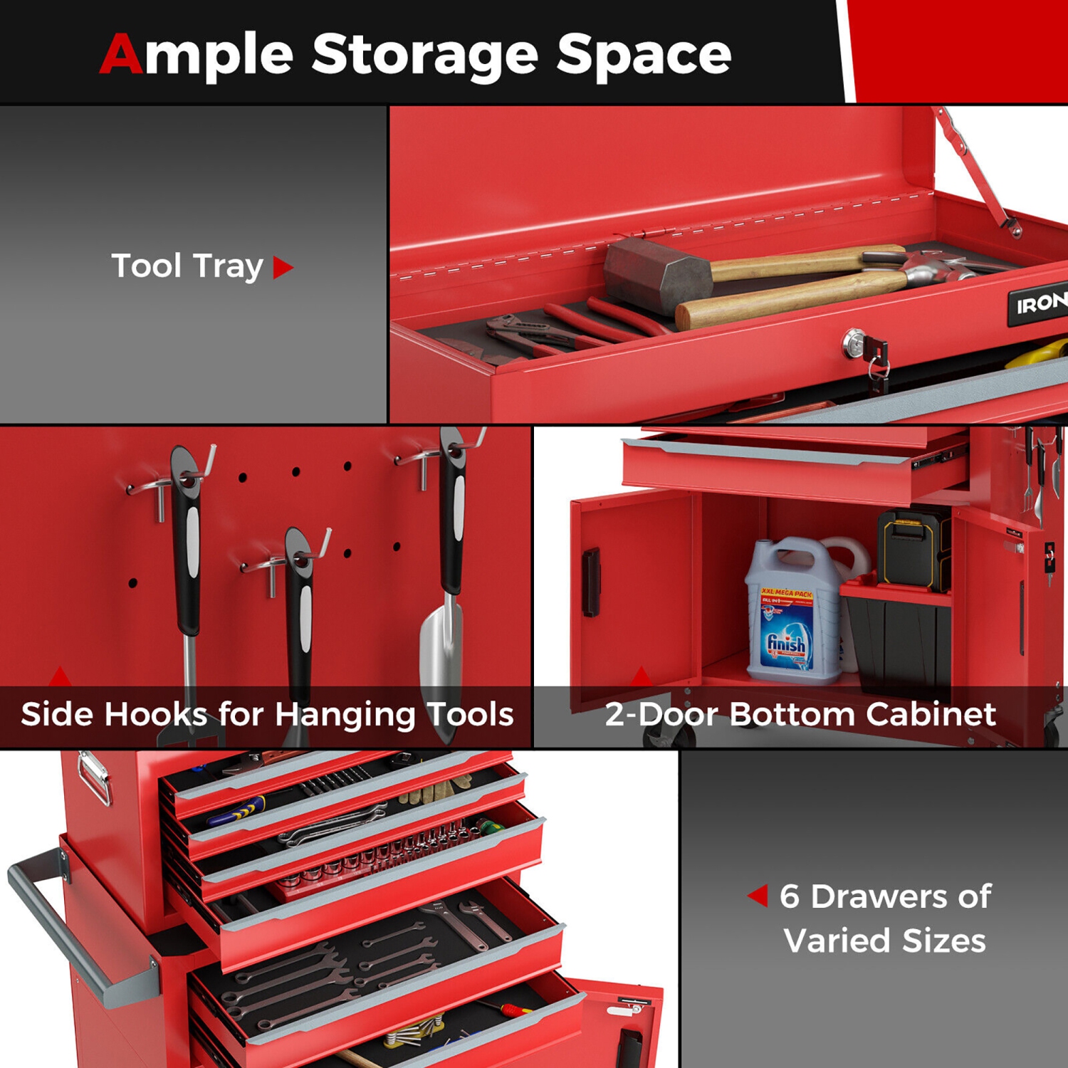 Gymax 2 in 1 Rolling Cabinet Storage Organizer Chest Box Garage 6 Drawer Toolbox Red