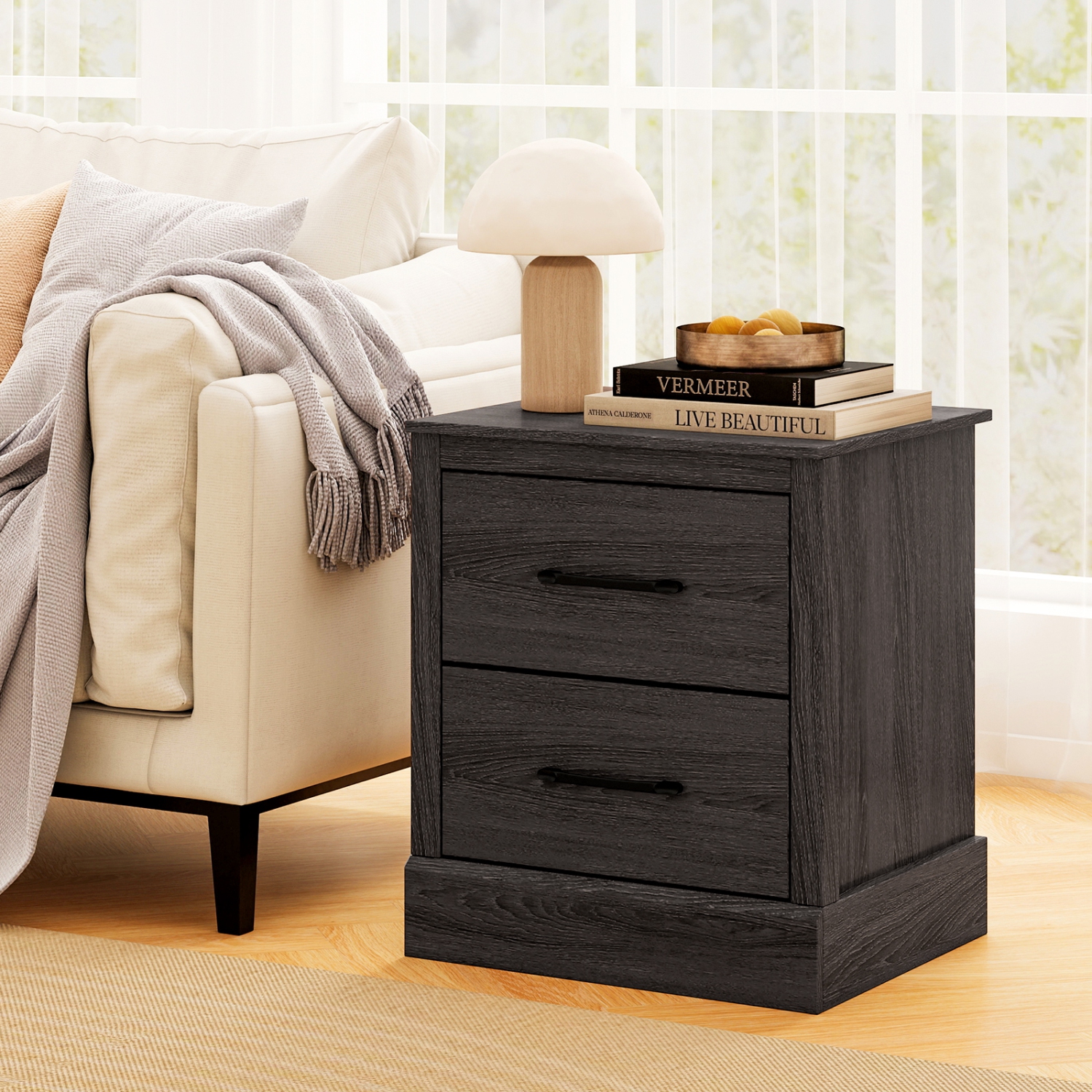 Gymax Set of 2 Drawer Nightstand Bedside Table Compact Sofa End Table Oak Dark Grey