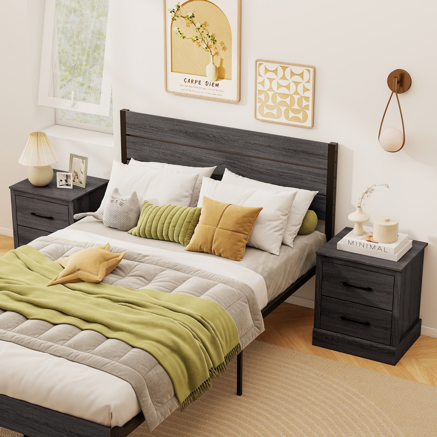 Gymax Set of 2 Drawer Nightstand Bedside Table Compact Sofa End Table Oak Dark Grey