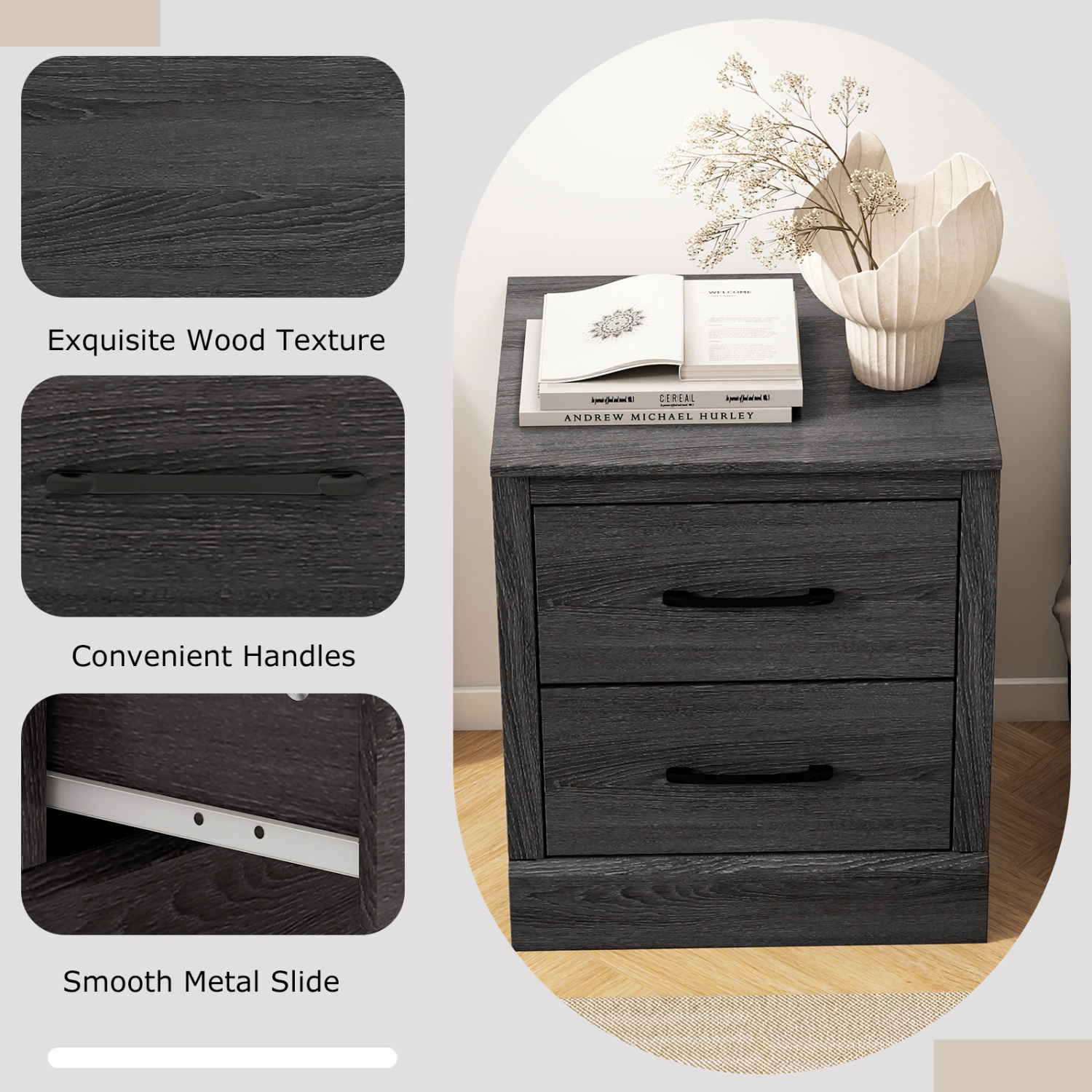 Gymax Set of 2 Drawer Nightstand Bedside Table Compact Sofa End Table Oak Dark Grey