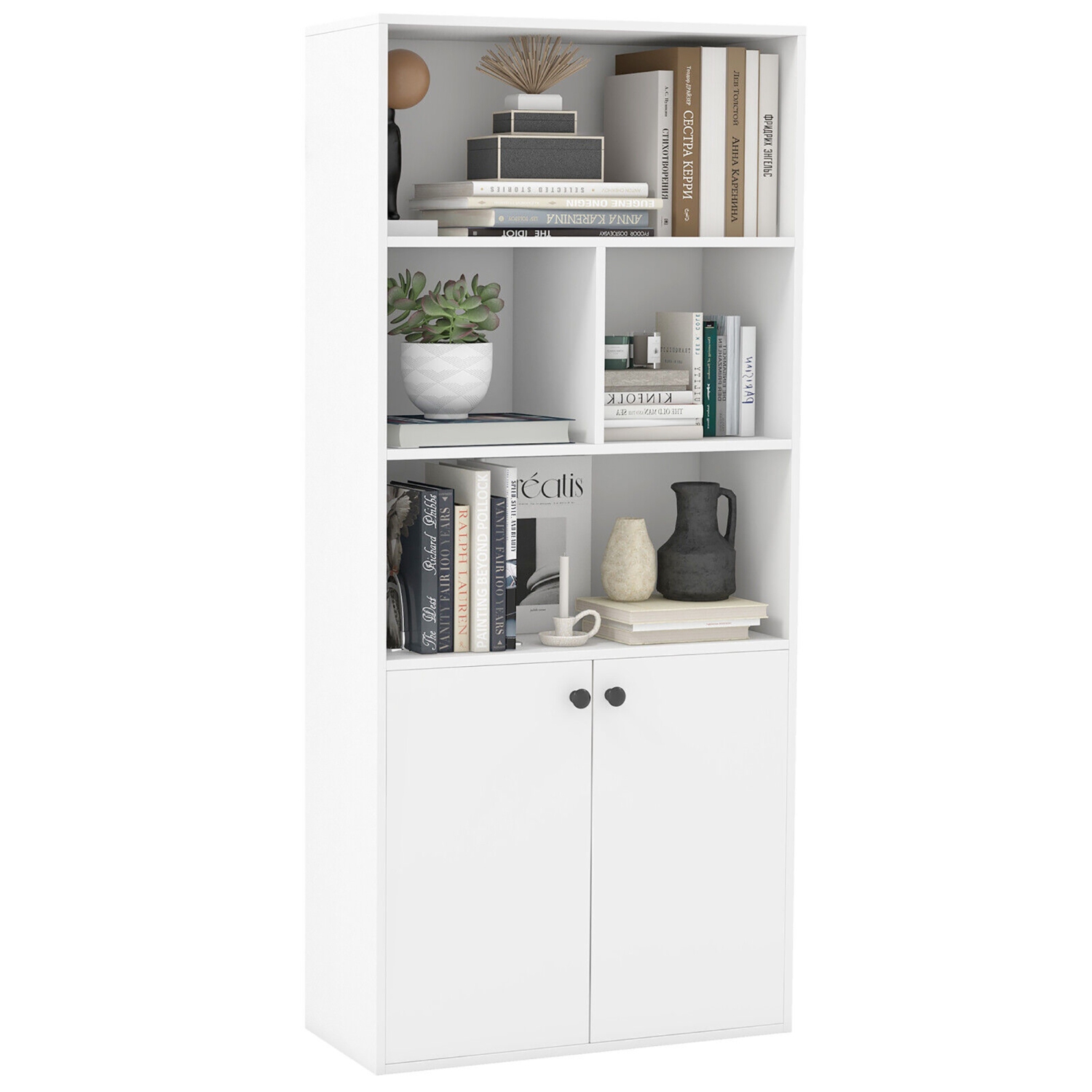 Gymax 5-Tier Bookcase Freestanding Storage Cabinet w/ Adjustable Shelf & 2-Door Cabinet