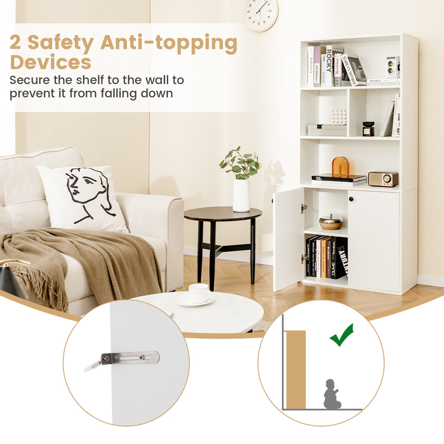 Gymax 5-Tier Bookcase Freestanding Storage Cabinet w/ Adjustable Shelf & 2-Door Cabinet