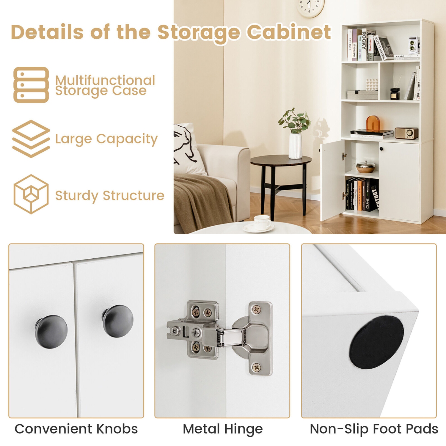 Gymax 5-Tier Bookcase Freestanding Storage Cabinet w/ Adjustable Shelf & 2-Door Cabinet