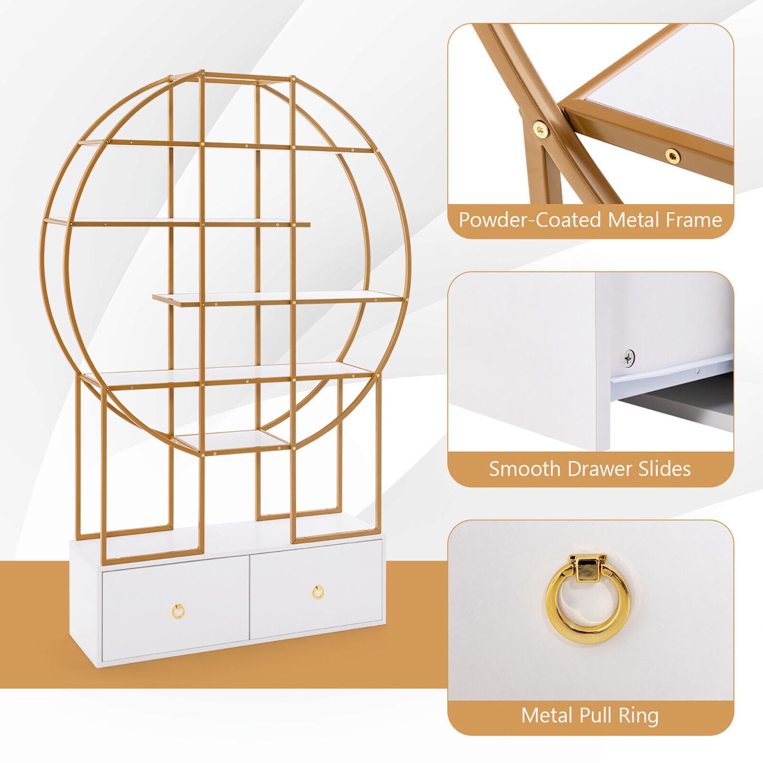 Gymax 71'' Tall Metal Bookcase 6-Tier Gold Bookshelf w/ 2 Storage Drawers Home Office