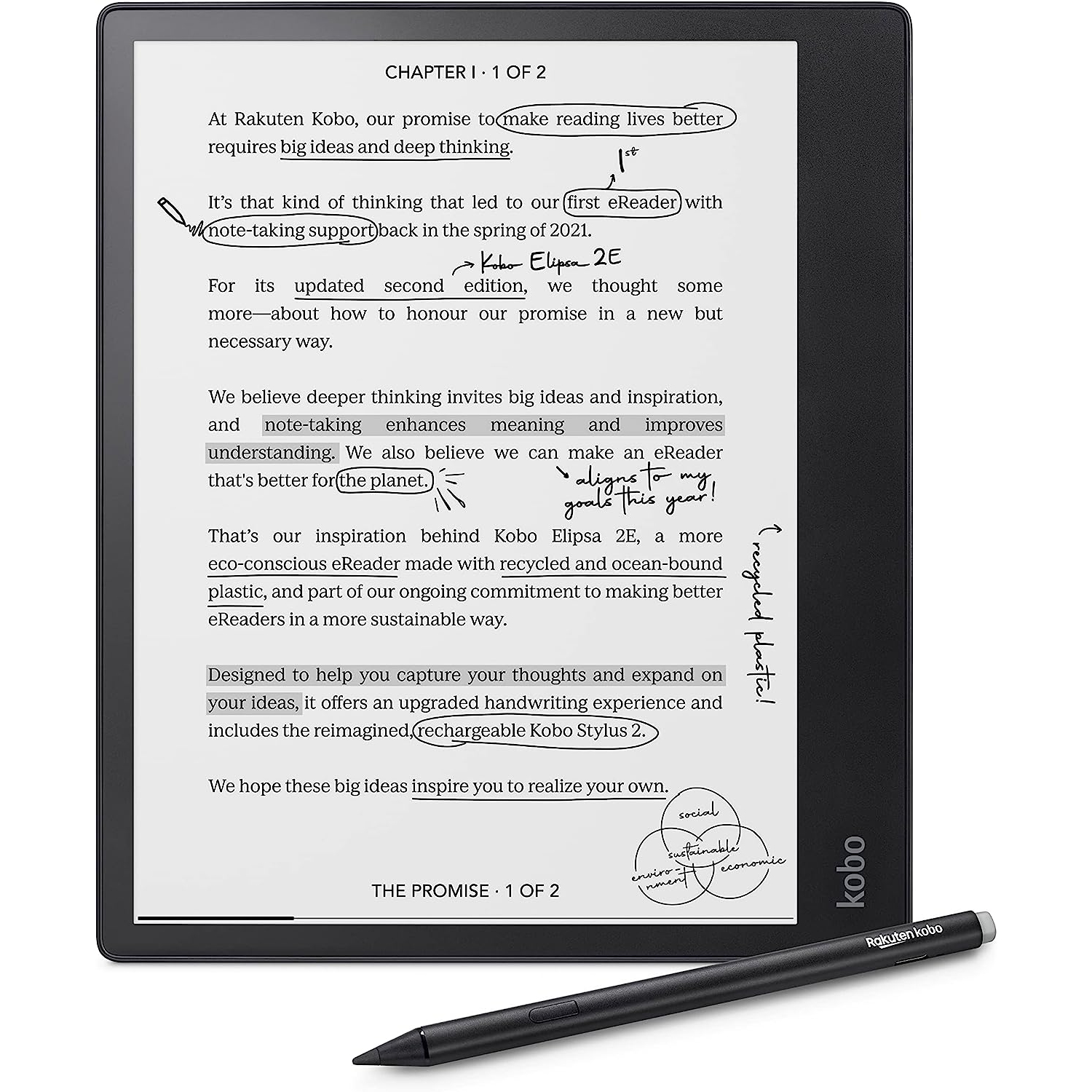 Remis à neuf - liseuse numérique Elipsa de 2E 10,3 po de Kobo avec stylet 2