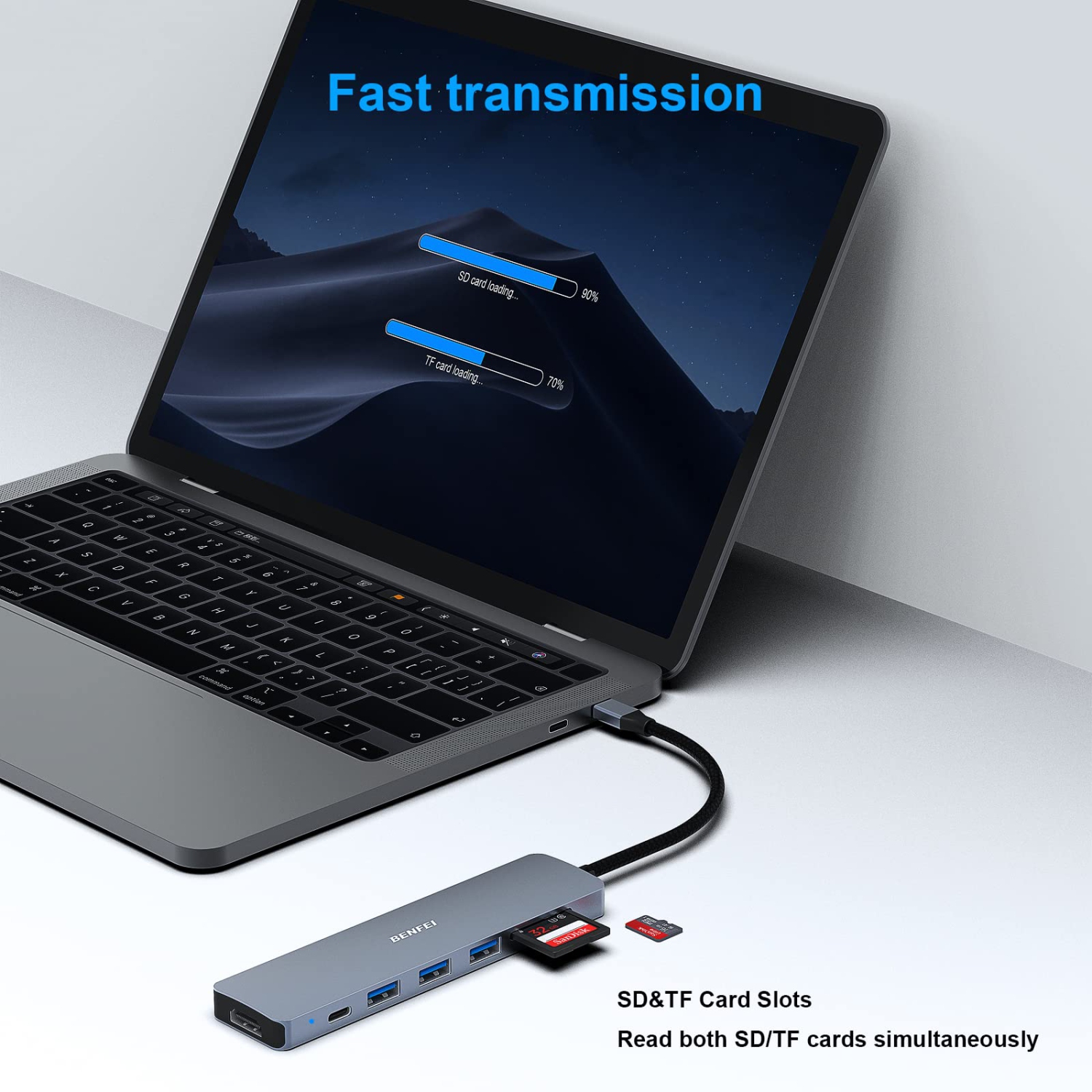 USB C HUB 7in1, USB C HUB Multiport Adapter with USB-C to HDMI, USB-C to SD/TF Card Reader/3*USB 3.0/60W, Compatible with iPhone 15 Pro/Max, MacBook,