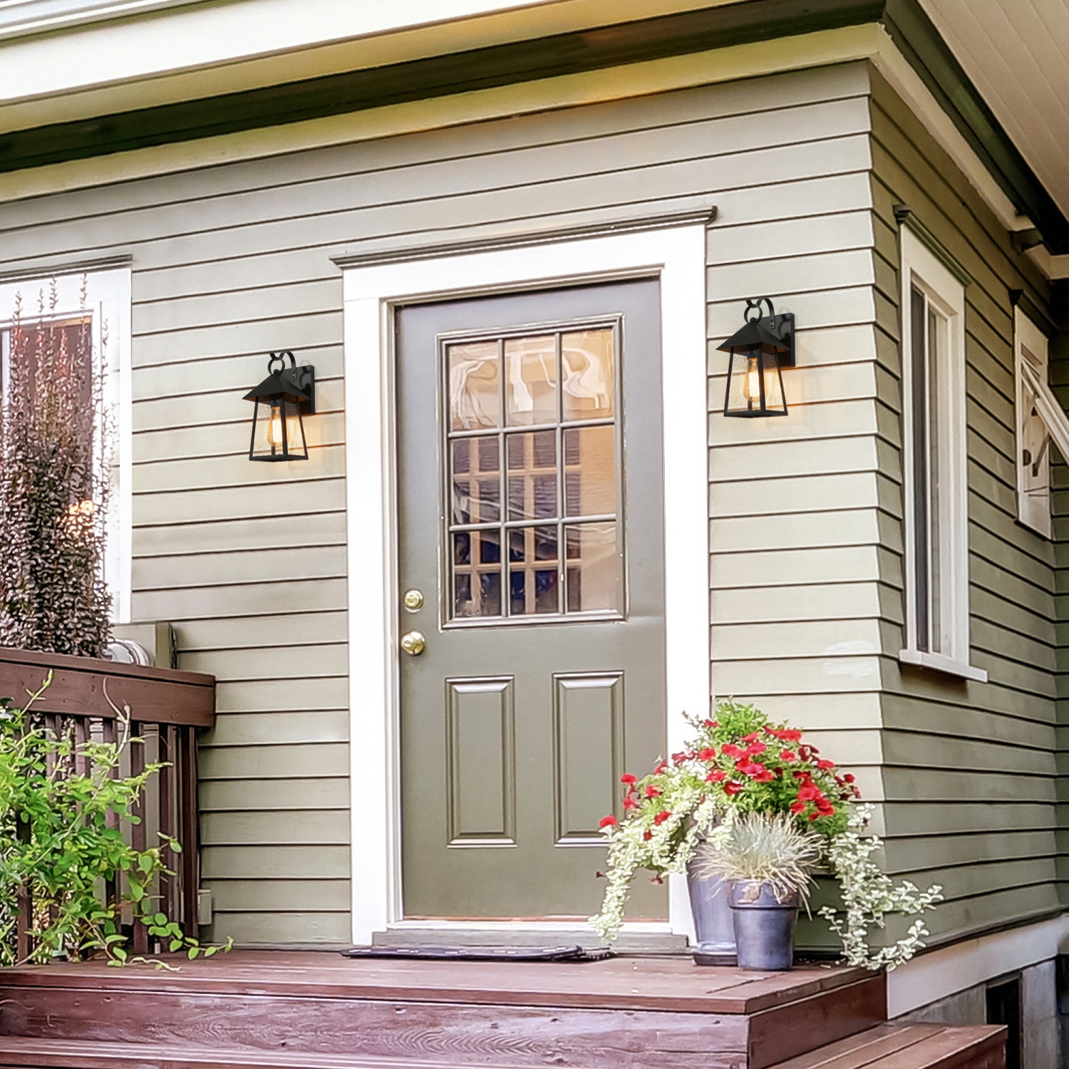 Farmhouse Cage Black Outdoor Wall Light 1-Light Industrial Outdoor Wall Sconce Light with Seeded Glass Shade 2-Pack