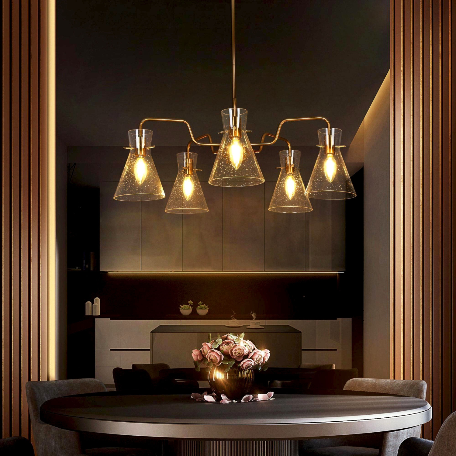 Modern Farmhouse Island Chandelier Lights, 5-Light Transitional Electroplated Brass Chandelier with Seeded Glass Shades