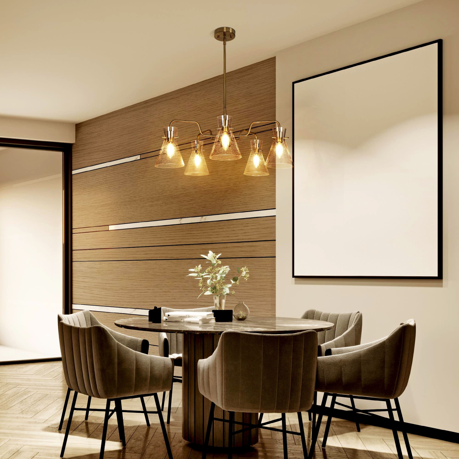 Modern Farmhouse Island Chandelier Lights, 5-Light Transitional Electroplated Brass Chandelier with Seeded Glass Shades