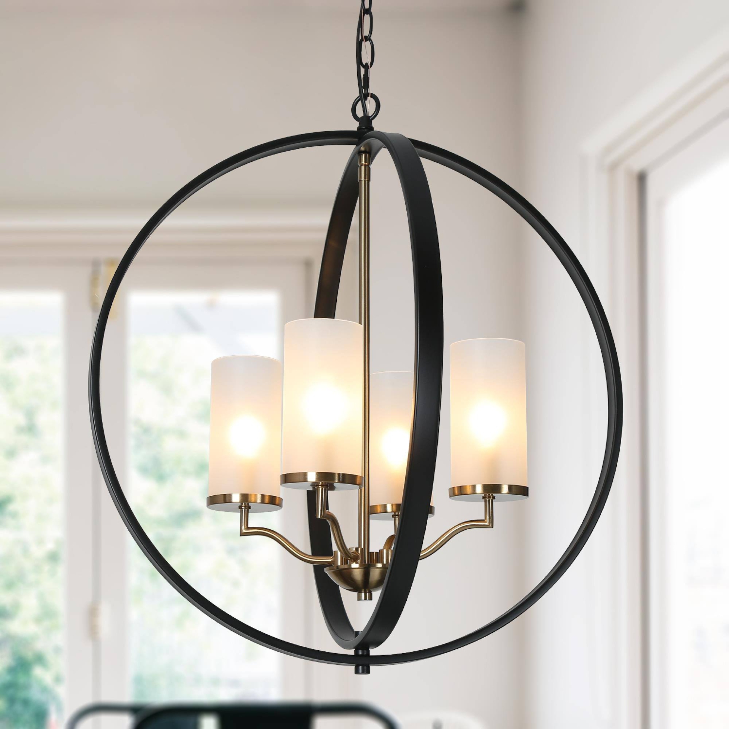 Modern Dining Room Globe Chandelier, 4-Light Black and Brass Round Chandelier with Frosted Glass Shade