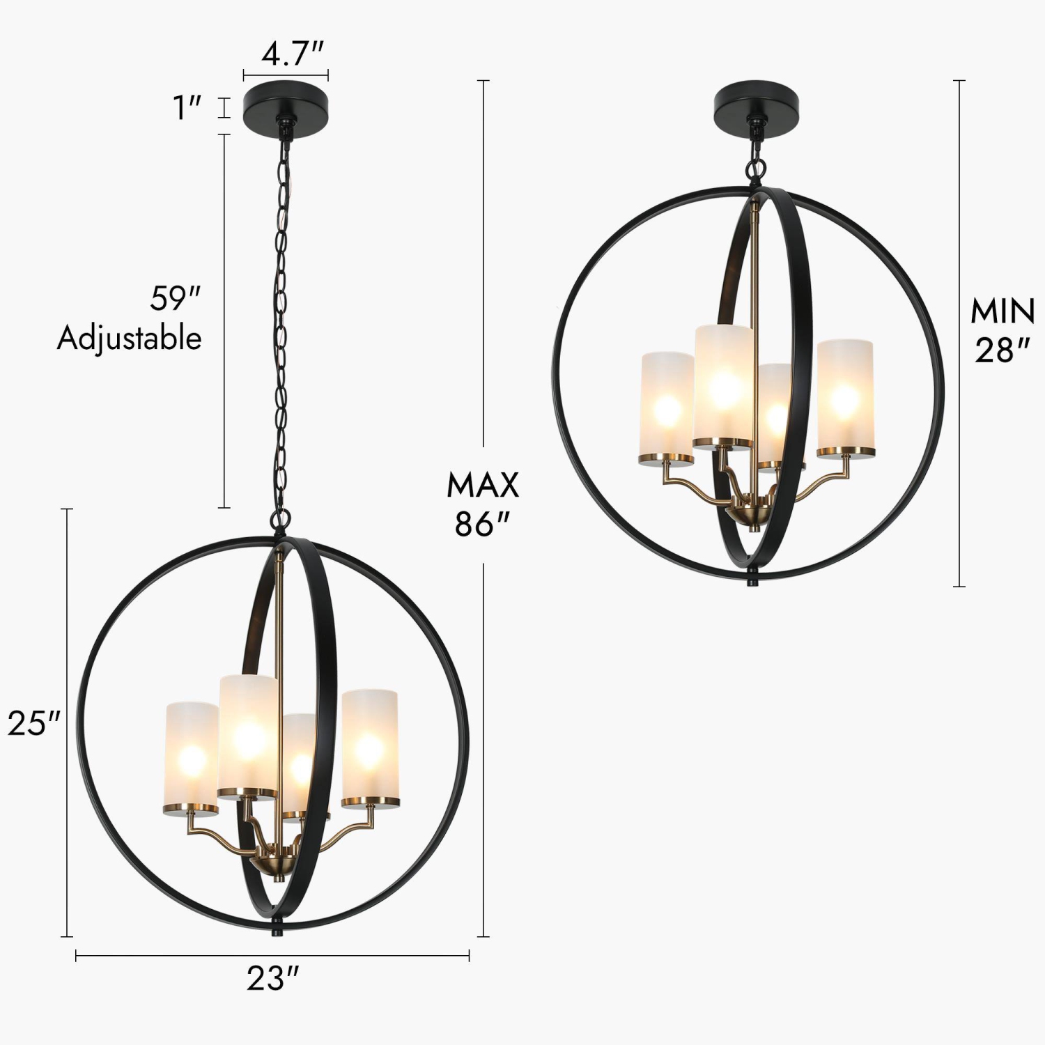 Modern Dining Room Globe Chandelier, 4-Light Black and Brass Round Chandelier with Frosted Glass Shade