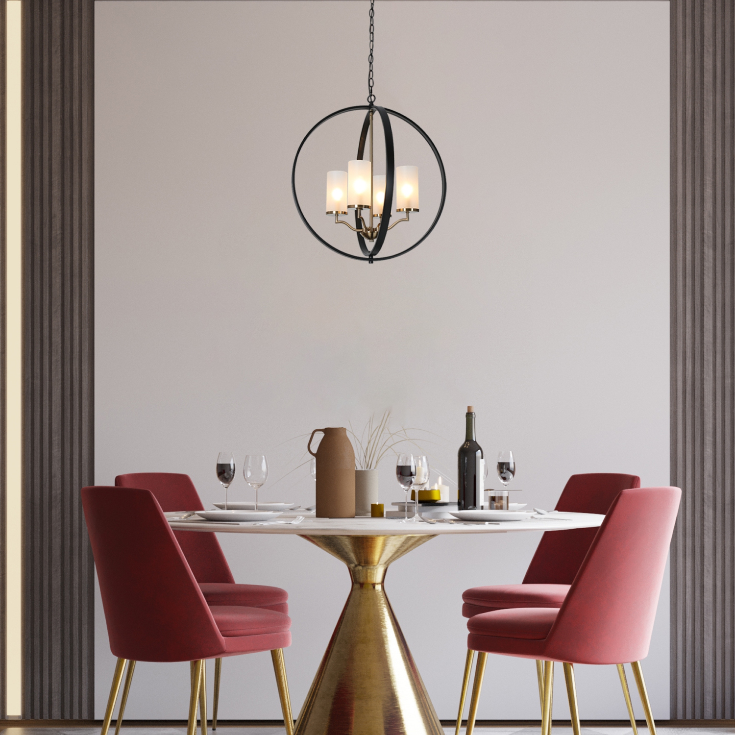 Modern Dining Room Globe Chandelier, 4-Light Black and Brass Round Chandelier with Frosted Glass Shade