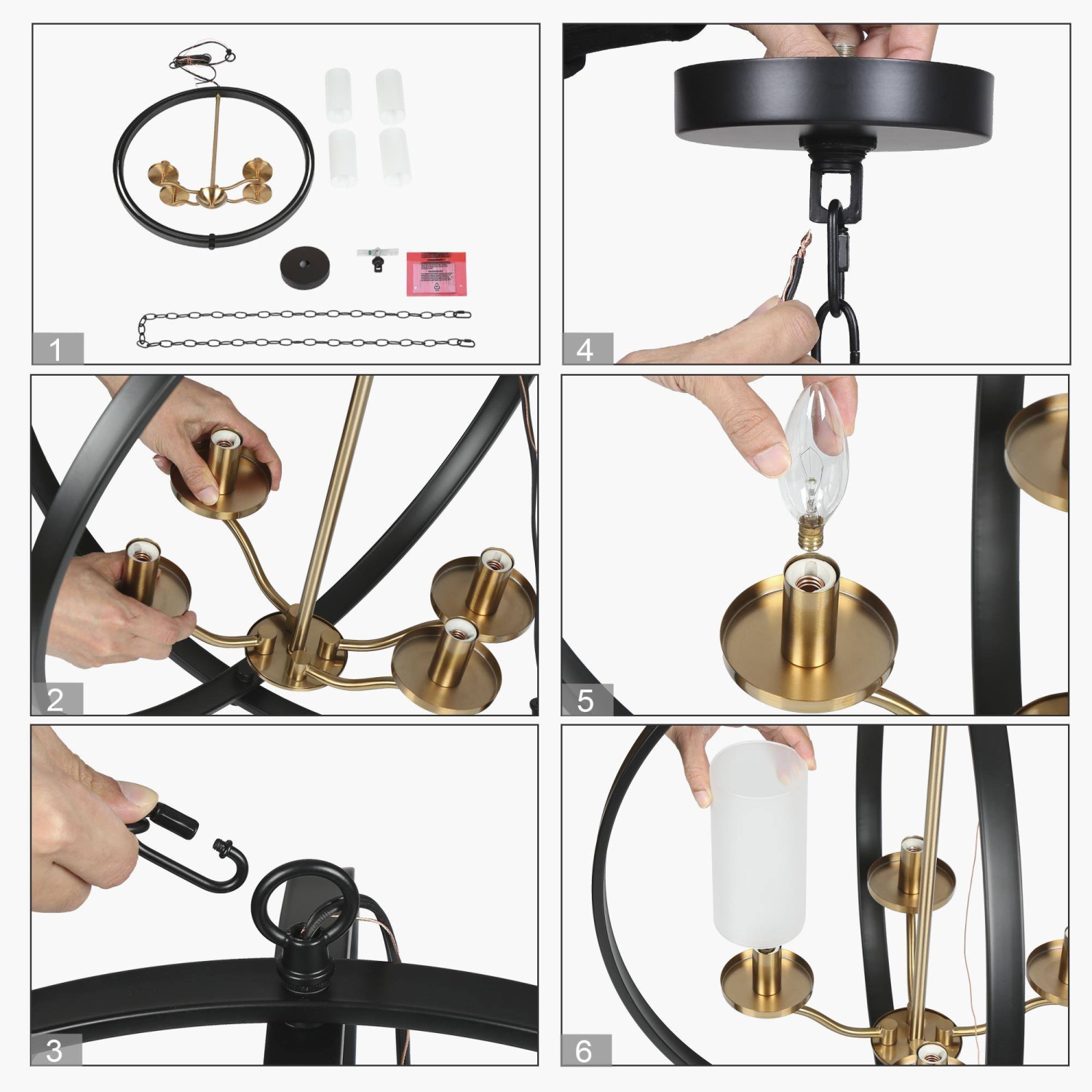 Modern Dining Room Globe Chandelier, 4-Light Black and Brass Round Chandelier with Frosted Glass Shade