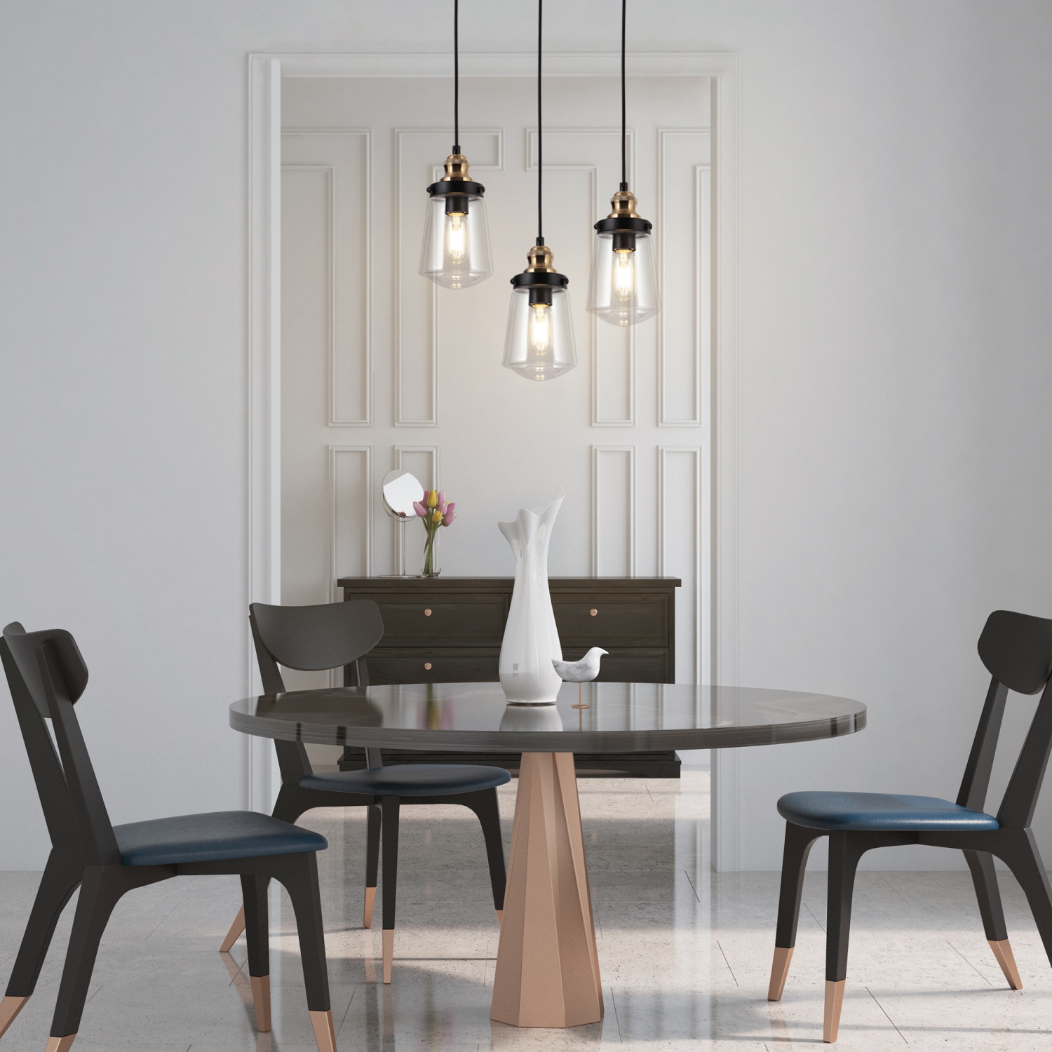 Modern Kitchen Island Chandelier Pendant Light 1-Light Black and Brass Cylinder Pendant Light with Clear Glass ShadeModern Kitchen Island Chandelier