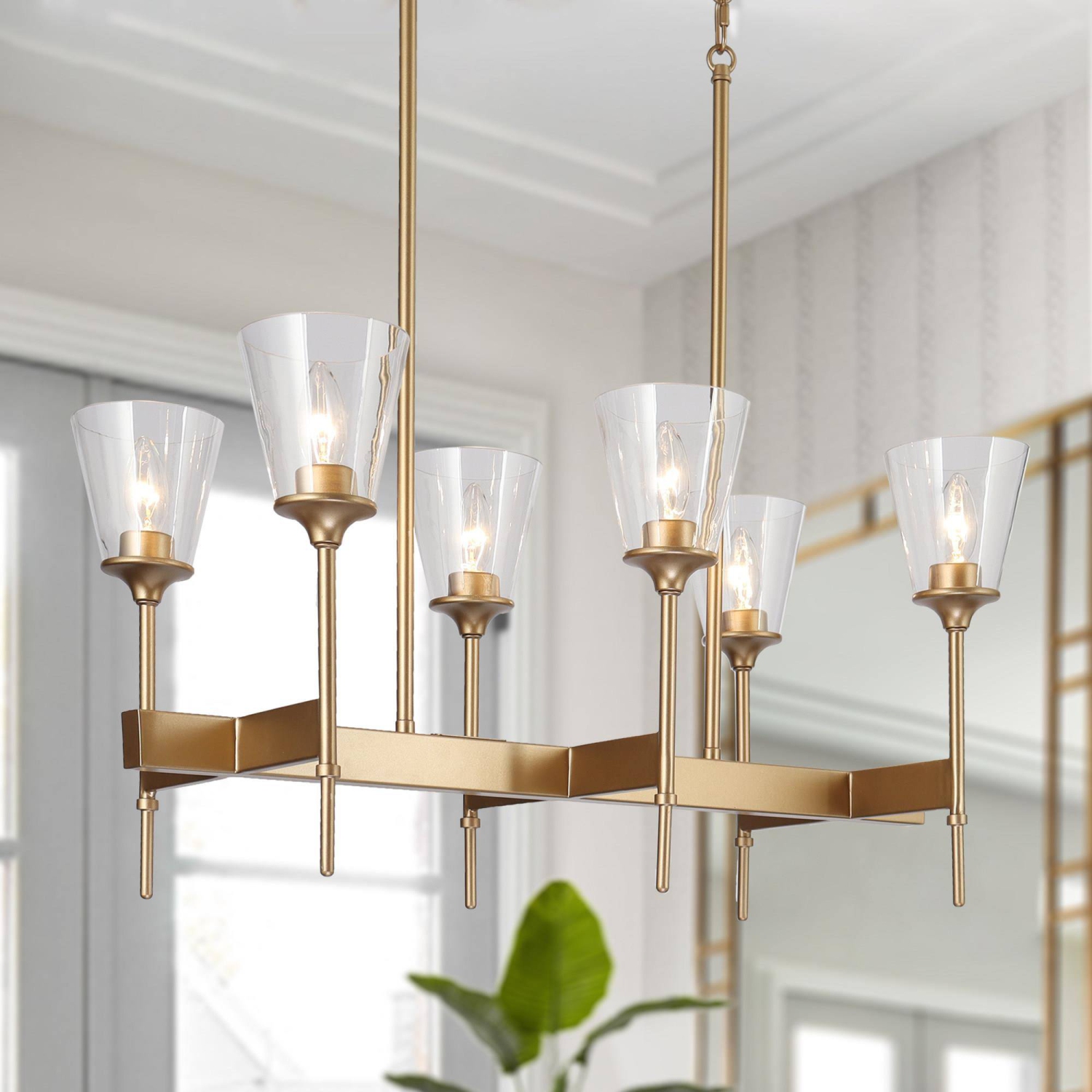 Lustre moderne Gold pour salle à manger, chandelier à 6 lumières en forme d'îlot avec abat-jour en verre transparent