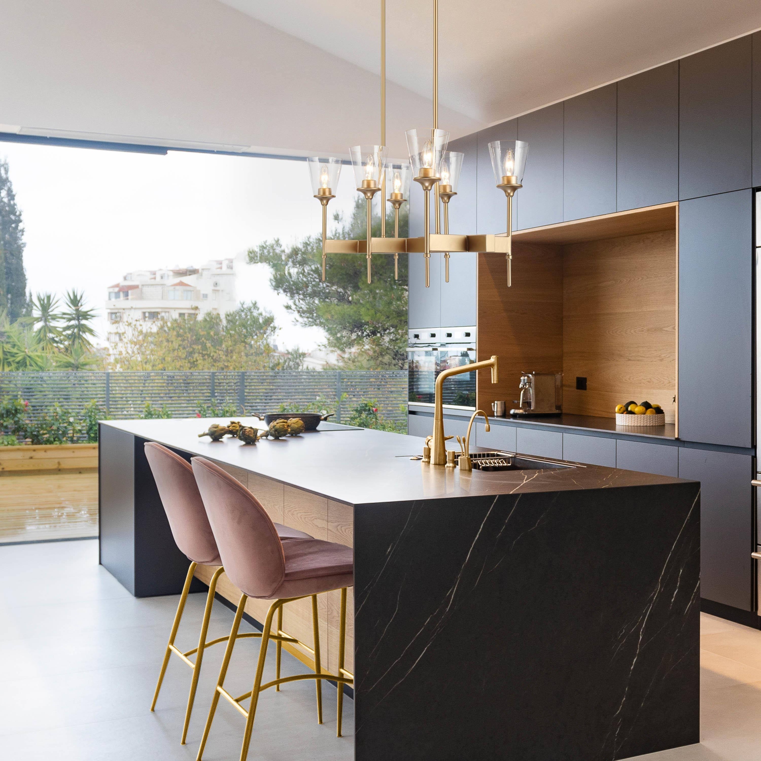 Lustre moderne Gold pour salle à manger, chandelier à 6 lumières en forme d'îlot avec abat-jour en verre transparent